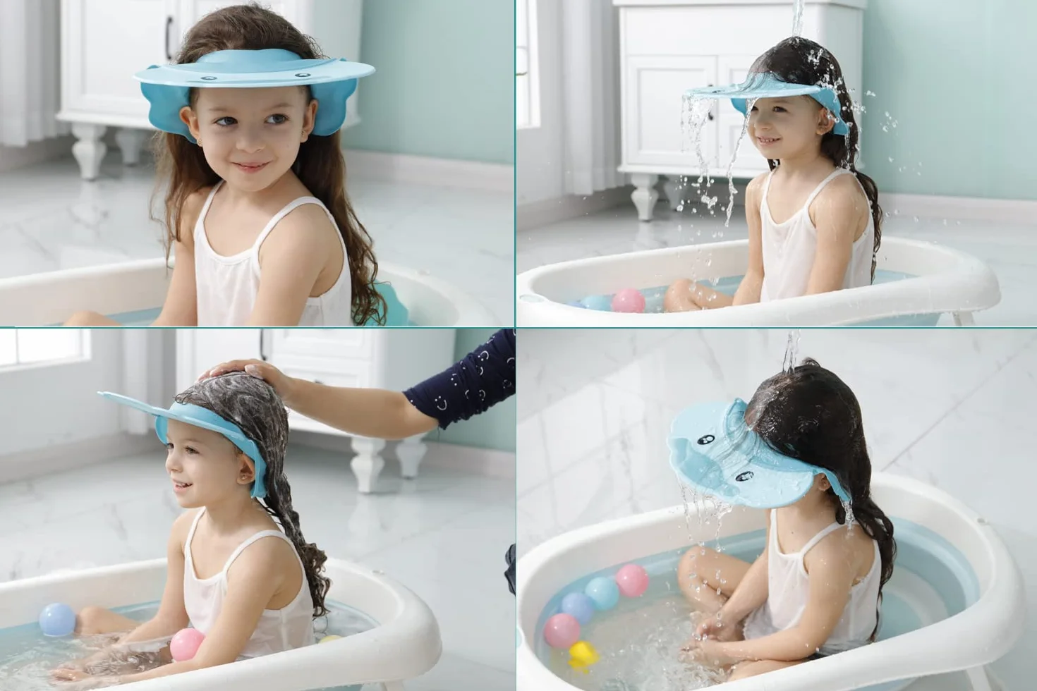 Blu Doccia Cap per Bambino, Sicurezza Cappello da Bathing, cappello con visore regolabile morbido per neonati e bambini, Proteggi occhi, bocca, orecchie(per 0.5-12 anni di età)
