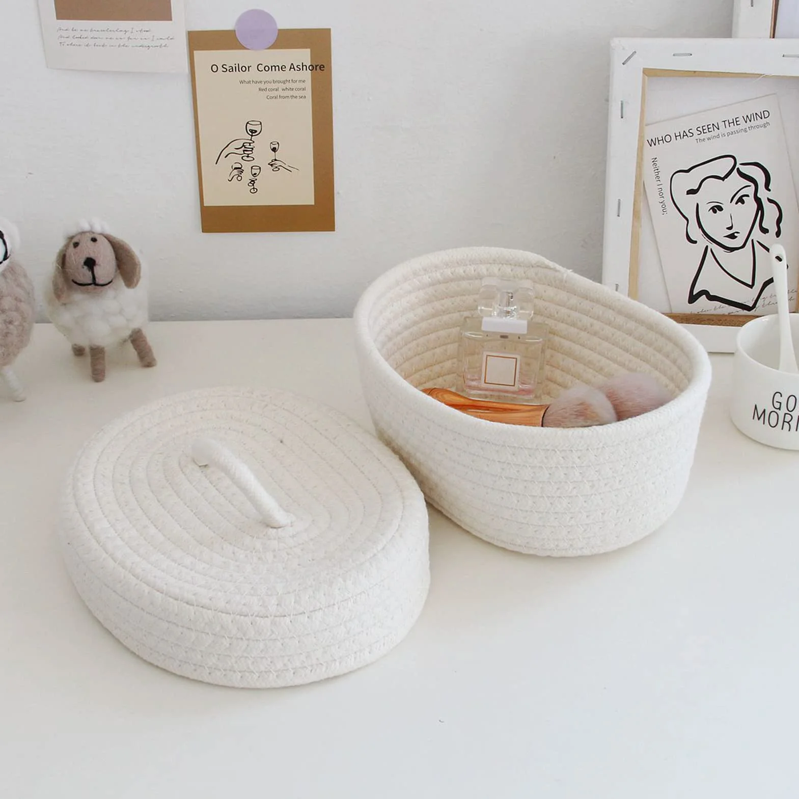 Naroote Cestino Portaoggetti in Corda di Cotone, Scatola Portaoggetti da Scrivania Decorativa Morbida per la Pelle con Coperchio per la Cameretta dei Bambini (Latte Bianco)