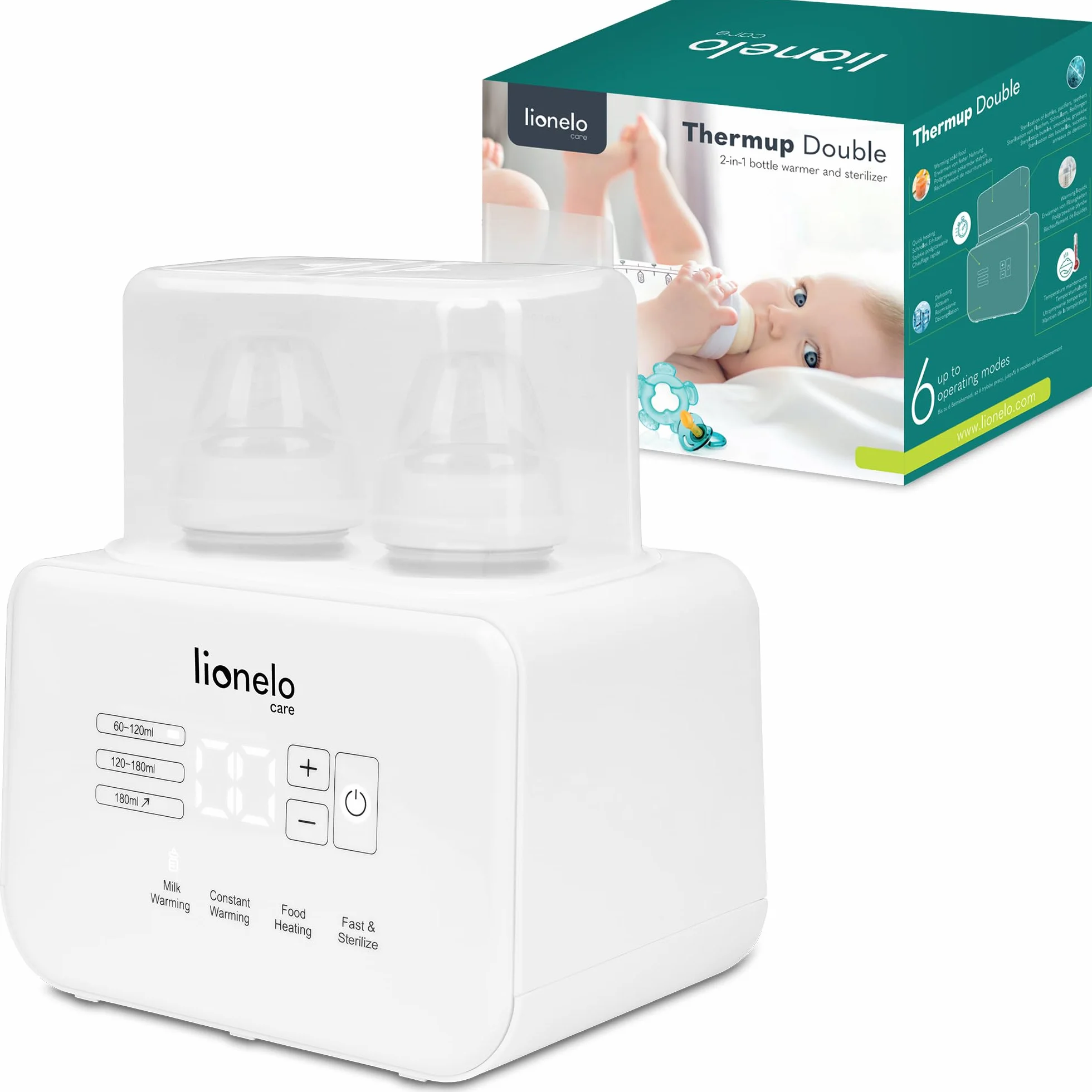 LIONELO Thermup Double scaldabiberon elettrico doppio, Sterilizzatore, scalda pappe e biberon, scongelamento latte, riscaldamento rapido 3-5 minuti, 6 funzioni