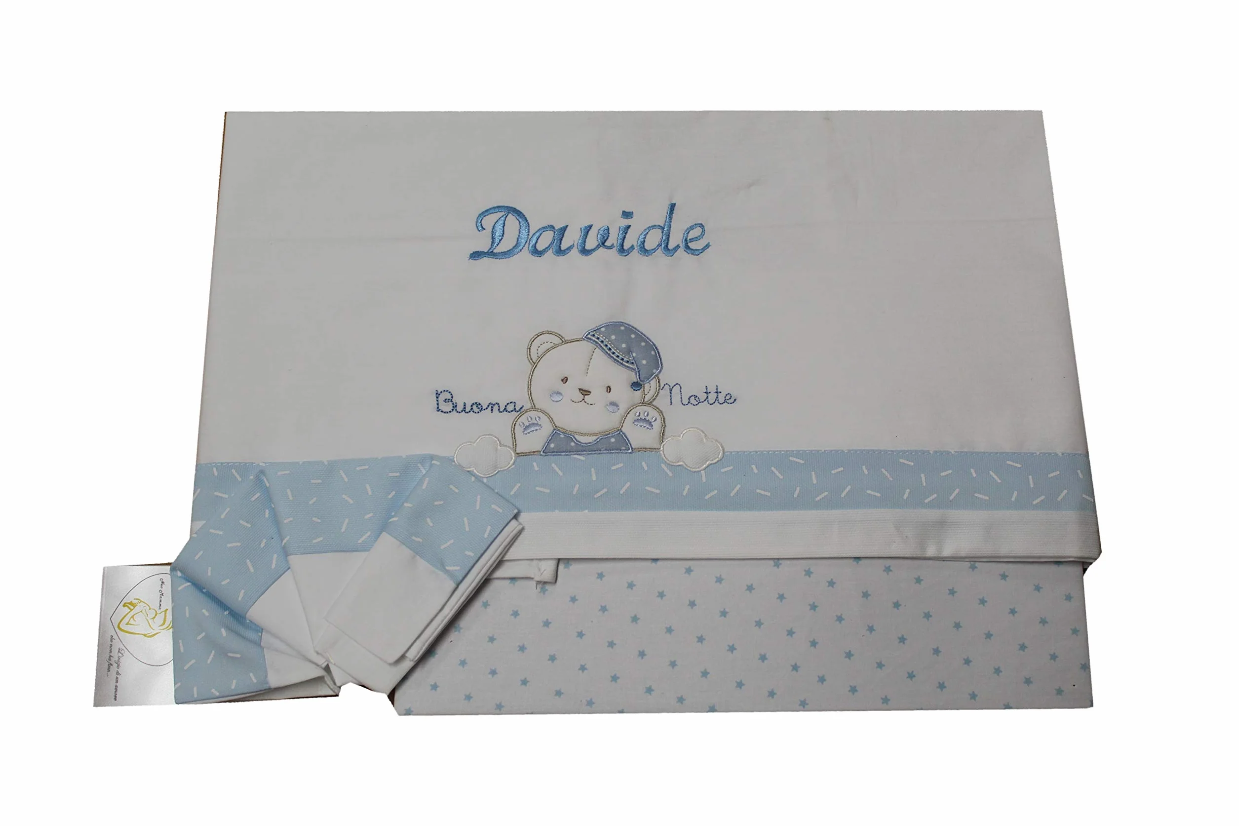 Set per culla in cotone 3 pezzi con ricamo del nome personalizzato. Federa, lenzuolo e coprimaterasso con elastico