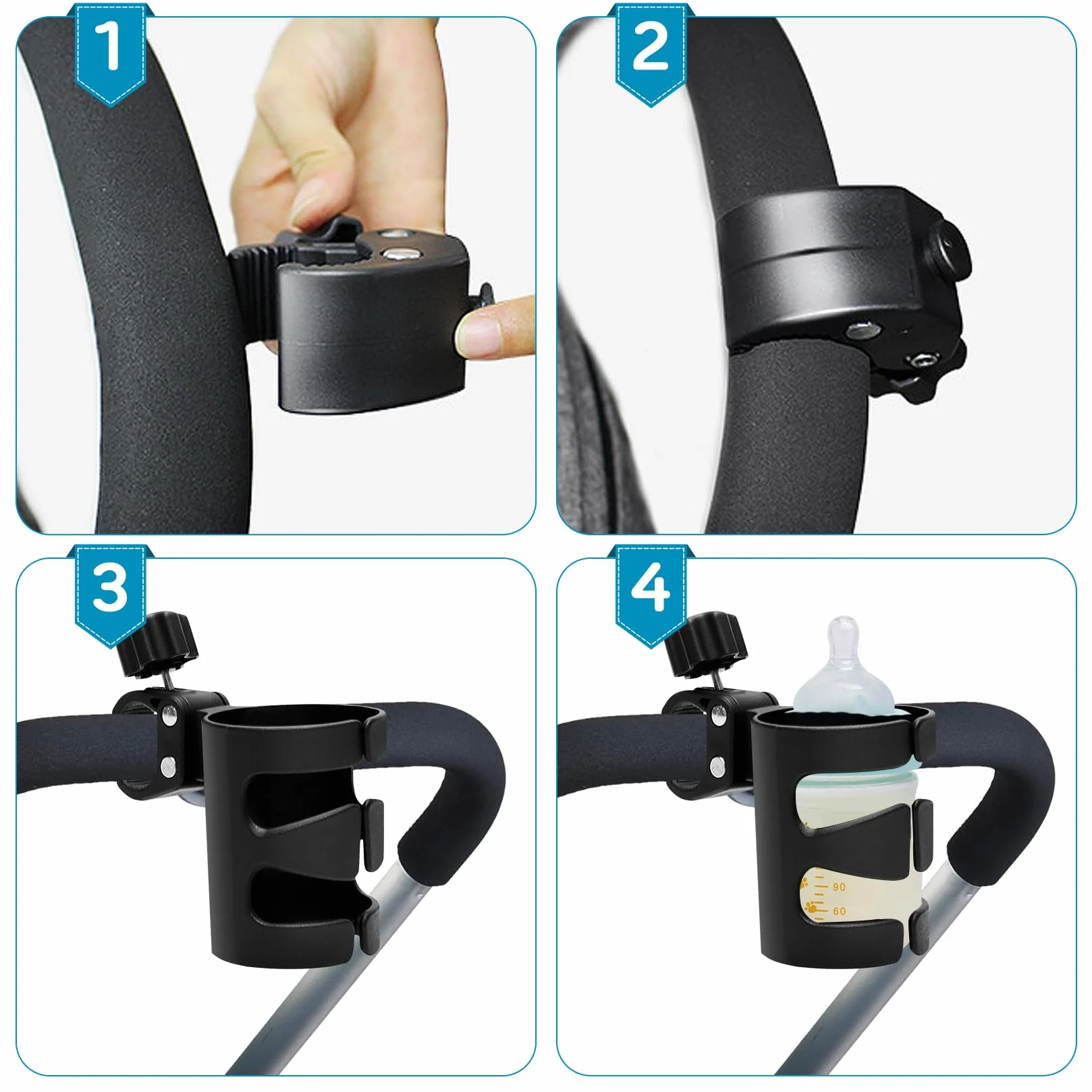 2 Pezzi Portabicchieri per Passeggino con 2 Ganci Universale Regolabile Rotazione a 360 Gradi Portabicchieri per Passeggino Bicicletta Buggy Accessorio per Carrozzine e Sedia a Rotelle