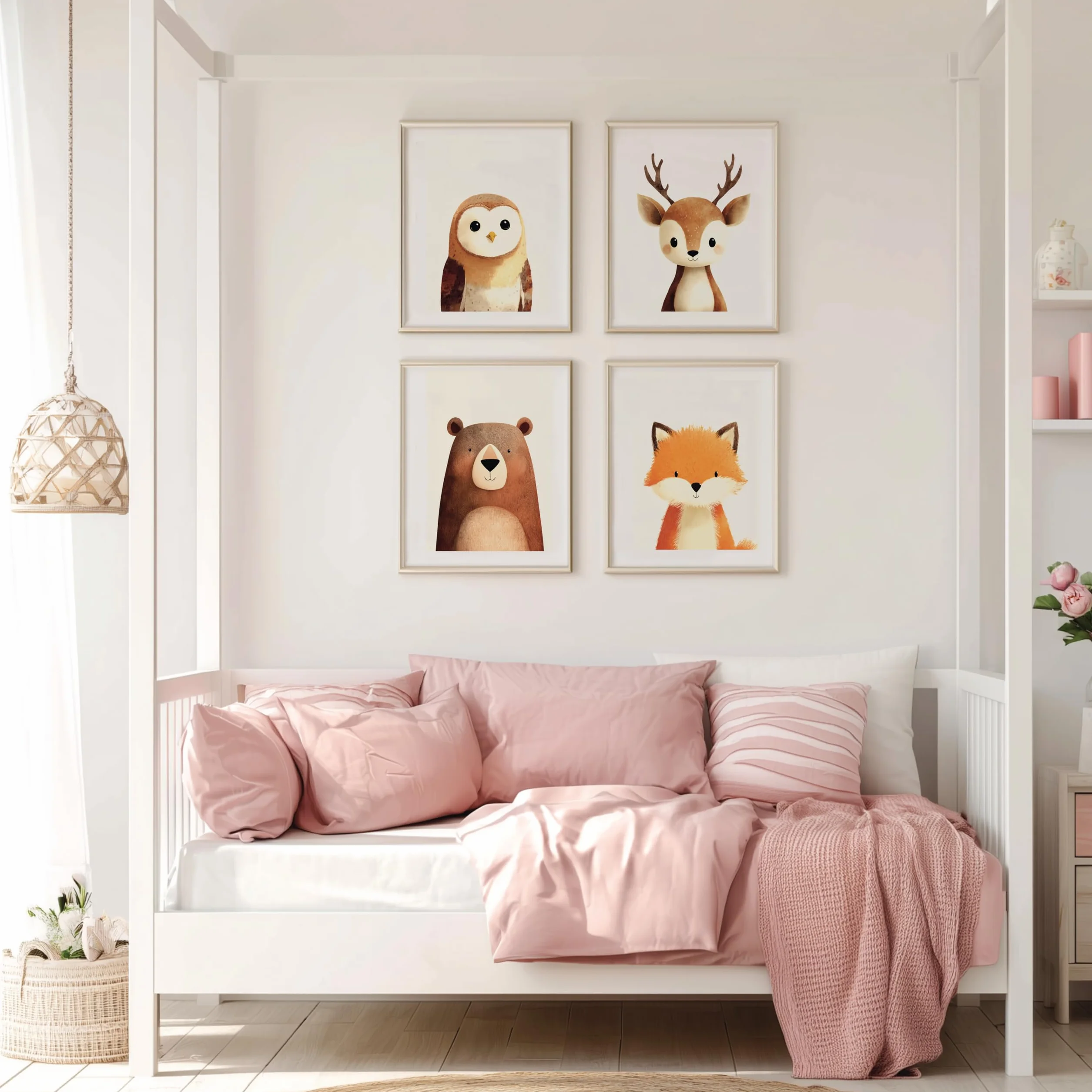 PACKLIST® Set 4 Quadretti Cameretta Neonato – Poster Animali del Bosco (Orso, Volpe, Cervo, Gufo) – Stampe A4 Premium 250g – Decorazione Parete Bambini Senza Cornice – Idea Regalo Nascita