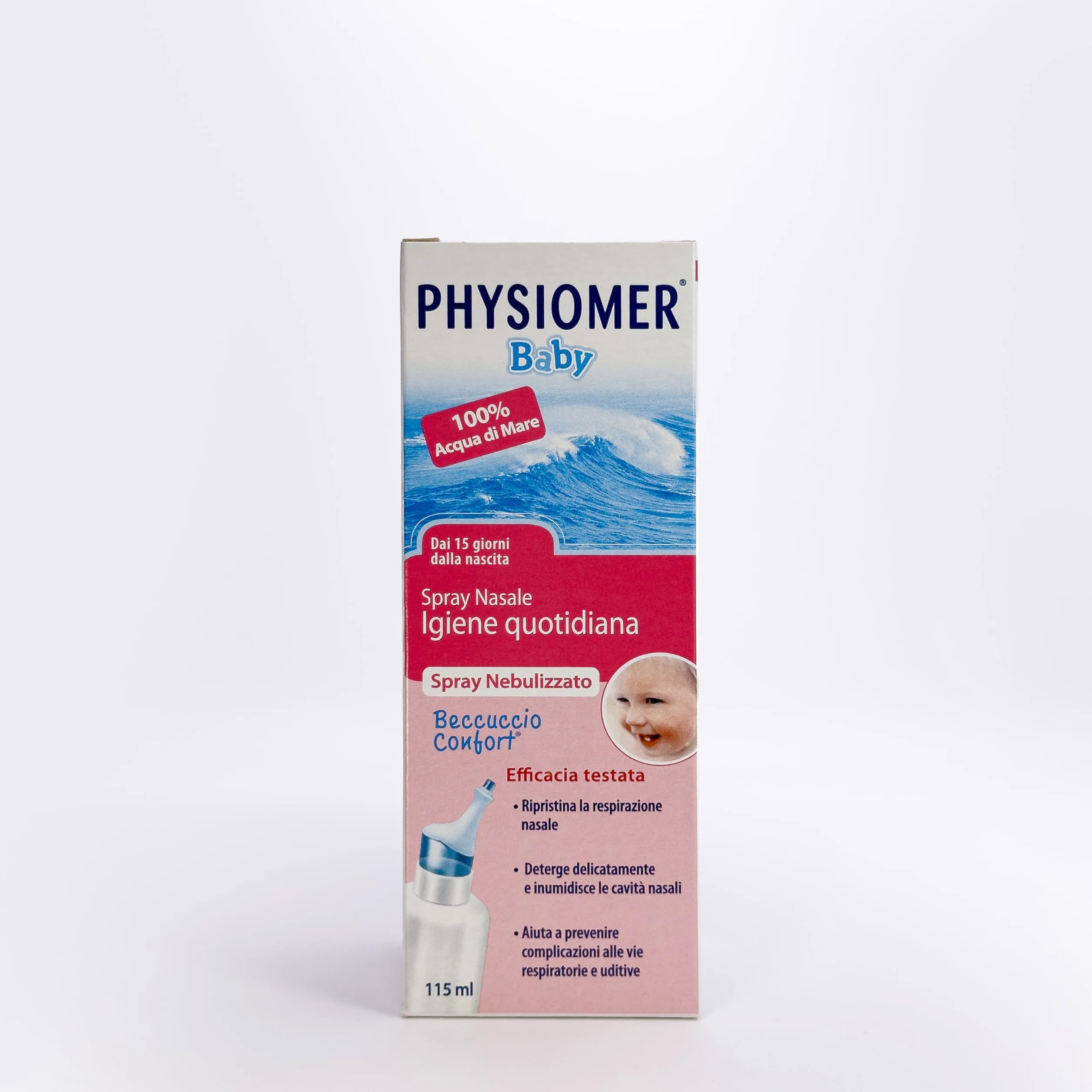 Physiomer® Baby Spray Nasale 115 ml - Naso chiuso e che cola - 3in1: Libera │ Allevia│ Ripristina - Acqua di mare pura al 100% │Dai 15 giorni di età│Nebulizzazione Delicata│Comfort Tip®