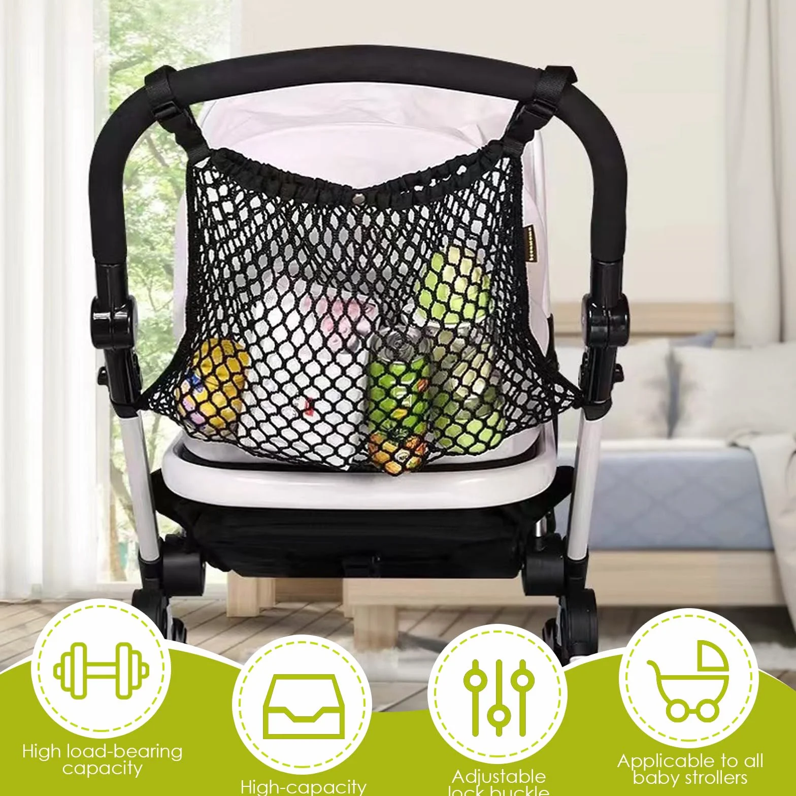 Nero Tasca a Rete per Passeggino, Borsa in Rete per Passeggini, Universale Rete per la Spesa per Carrozzina, Rete Tasca Portaoggetti Organizer per Passeggino Carrello Jogger