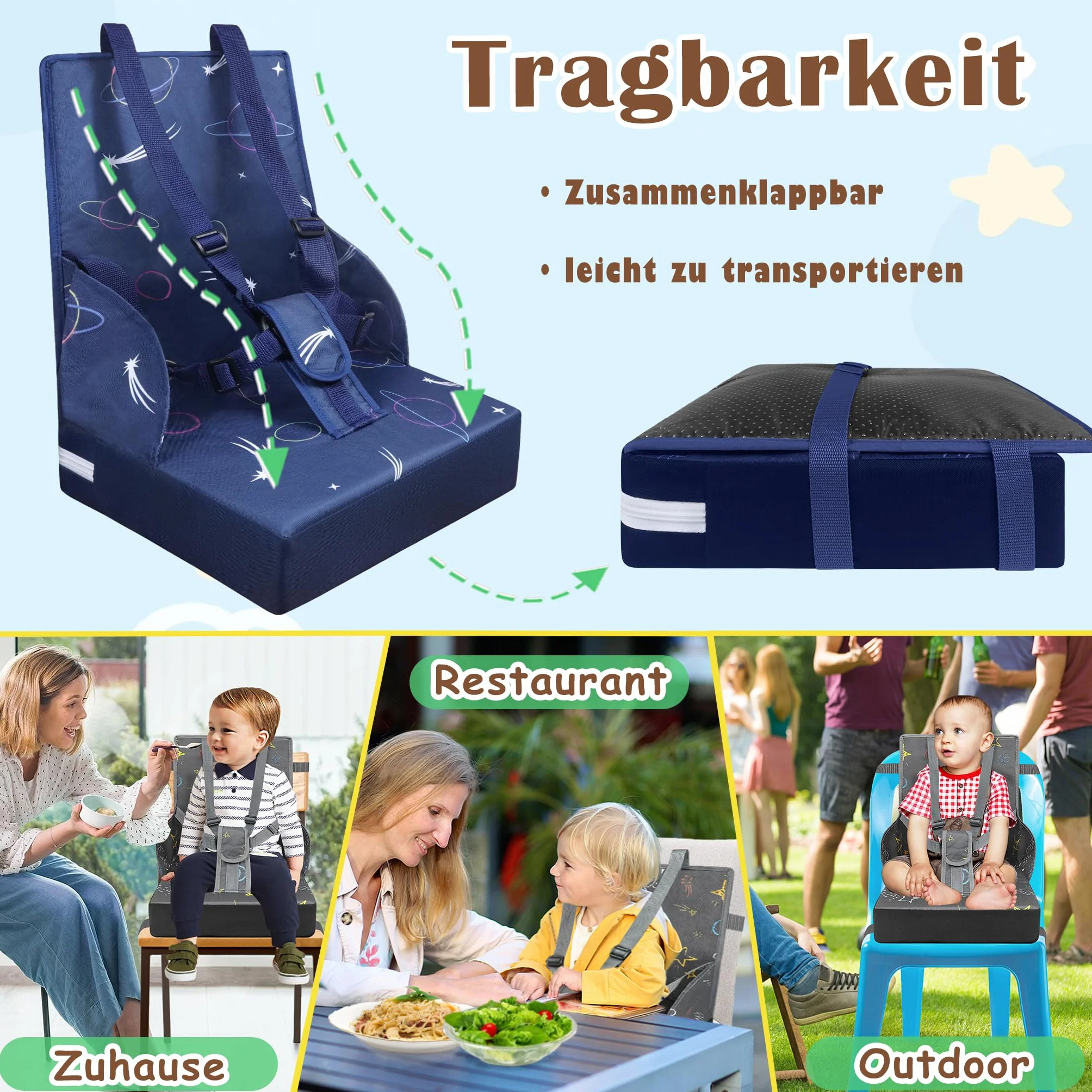 NAIZY Seggiolone rialzo per bambini, con schienale pieghevole e cintura di sicurezza a tre punti, spugne per rialzo della sedia, colore blu