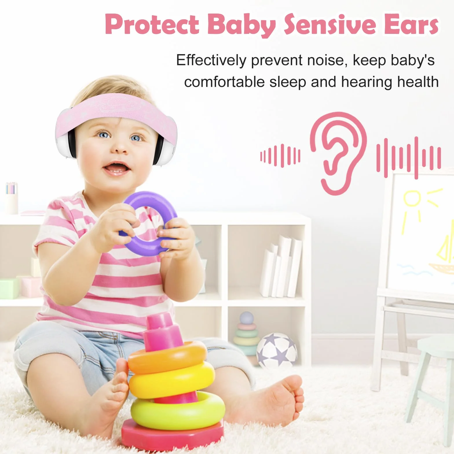 Baby Ear Defenders e protezioni, protezioni per le orecchie dei bambini con morbido cuscino regolabile paraorecchie a cancellazione di rumore per bambini compresa tra 3 mesi e 2 anni 25dB, rosa