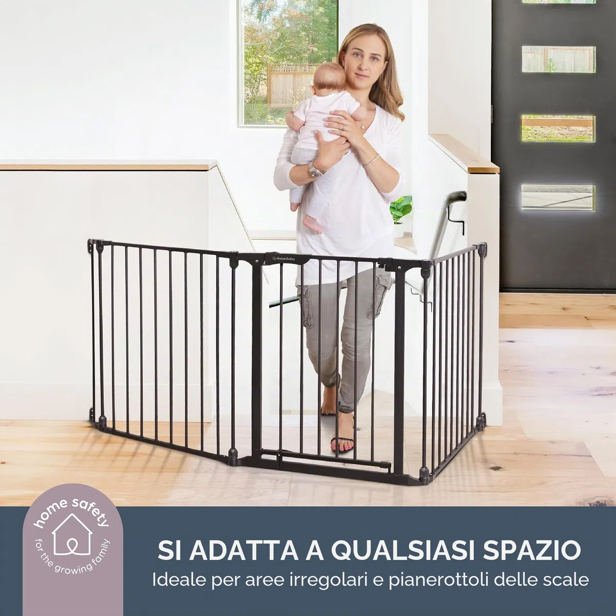 Dreambaby Discovery - Cancelletto di sicurezza pieghevole per bambini, con 3 pannelli, adattabile ad apertura da 74,5 cm a 195 cm di larghezza e 74 cm di altezza, con funzione Smart Stay Open e tappo