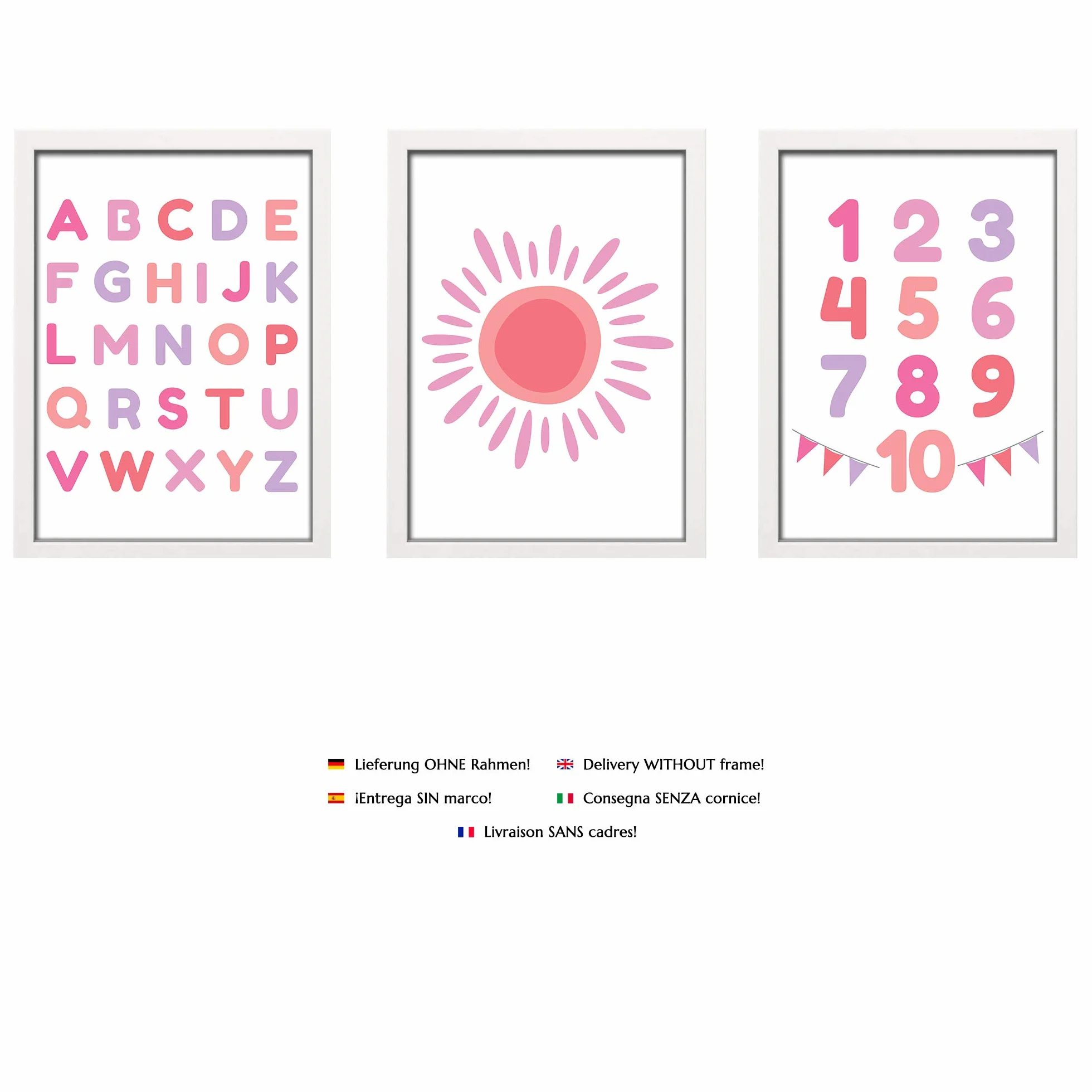 PREMYO Quadri per Camera Bambini - Set di Poster Alfabeto ABC Rosa - Stampe da Parete Decorazione Cameretta Neonato A4