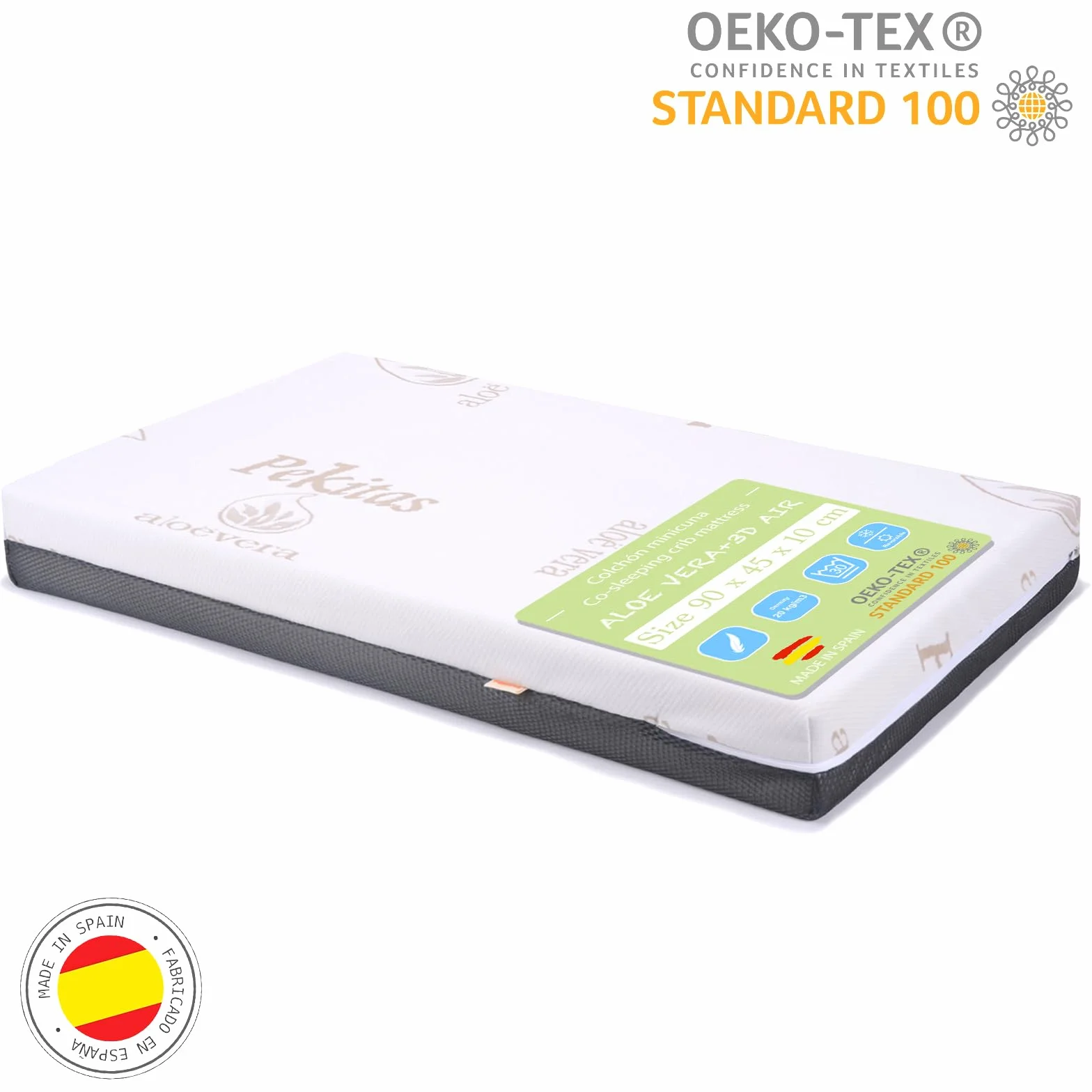 PEKITAS Mini materasso per lettini, 45 x 90 cm, spessore 10 cm, traspirante, ibrido, reversibile, rivestimento double face, sfoderabile, lavabile, rigido, antisoffocamento, lettino da affiancare per