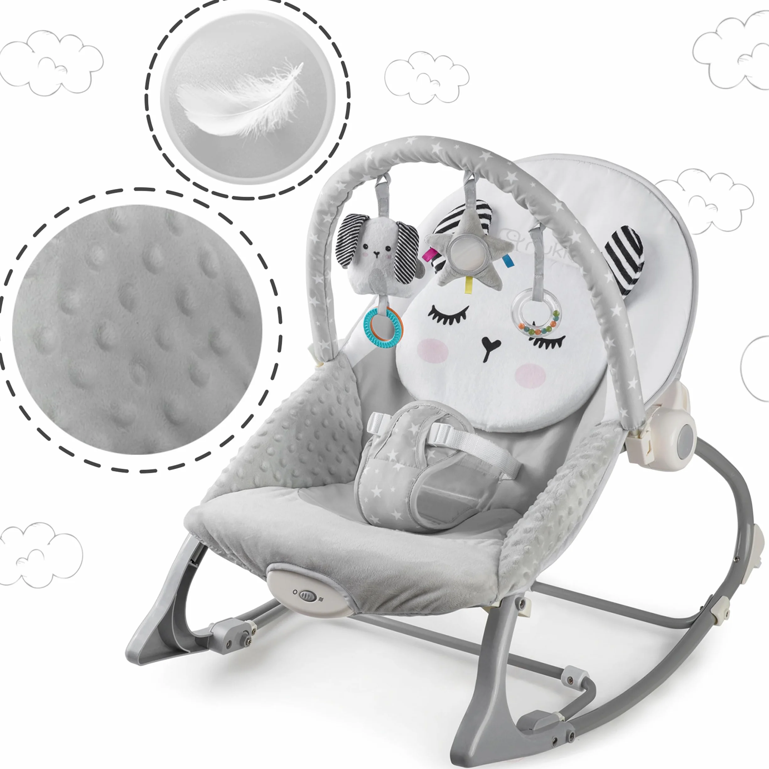 Nukido Sdraietta Neonati - Dondolino con Vibrazione e Giochi - Piedini Antiscivolo - fino a 18 kg Grigio