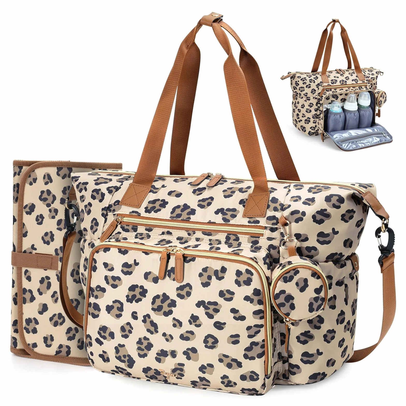 Borsa fasciatoio con borsa per ciuccio e fasciatoio, zaino multifunzione per pannolini da viaggio per mamma e papà, con leopardo isolato