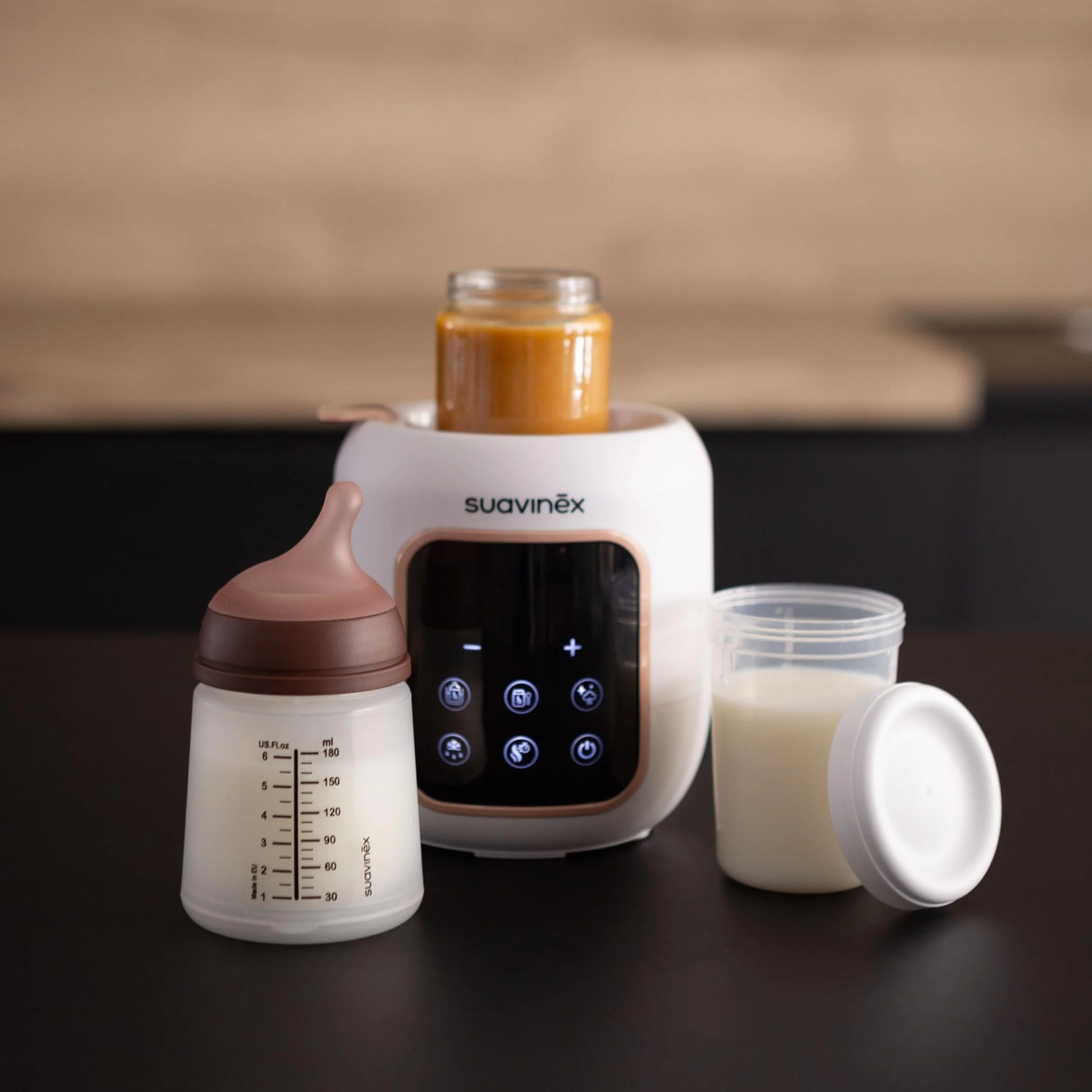 Suavinex, Scaldabiberon e Sterilizzatore 2 in 1, Sterilizza biberon e ciucci, Scalda e Scongela Biberon, Latte Materno e Omogeneizzati, con Modalità Rapida e Spegnimento Automatico, Facile da Usare