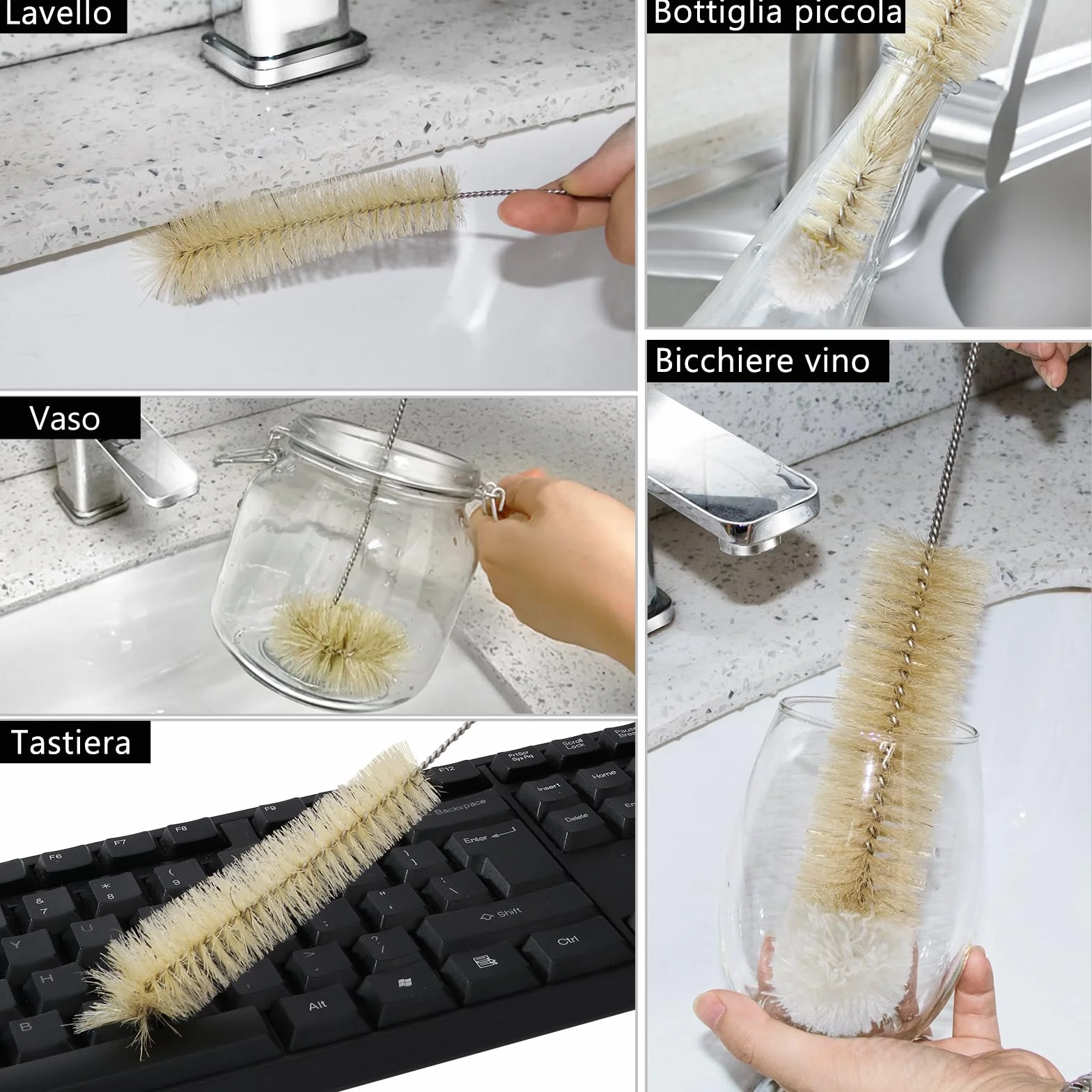 MASTERTOP Set 9 Spazzola per Bottiglie, Spazzole per Bottiglie Lungo, Scovolino per la Pulizia del Lotto per Bottiglia, Tazza, Vetro, Cannuccia, Thermos e Contenitori Vari