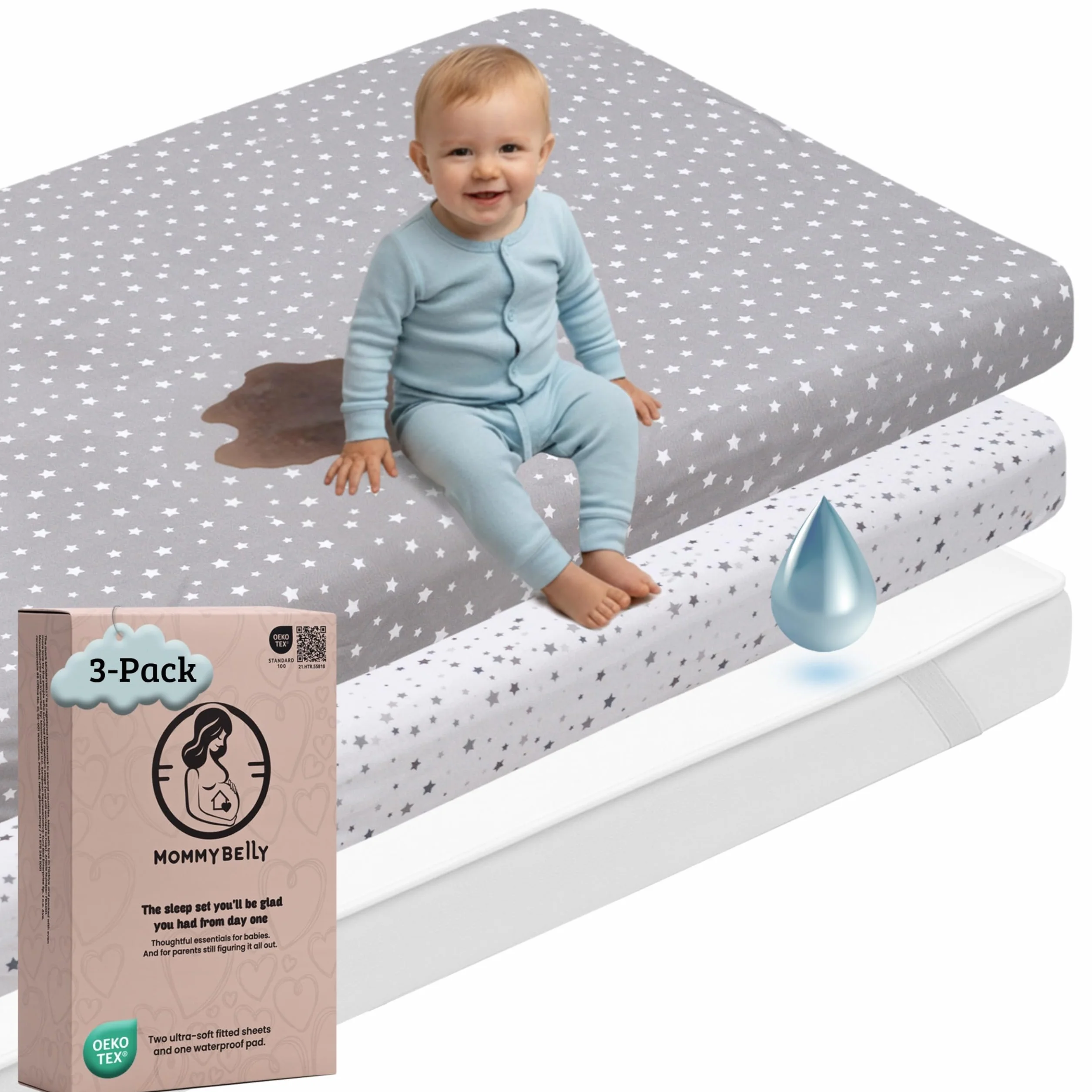 Set Lenzuola Lettino Neonato 60x120 / 60x125. 2 Lenzuola con Angoli in Cotone Jersey + 1 Coprimaterasso Impermeabile in Spugna. Certificato OekoTex. Fantasia Stelle 125x60 / 120x60