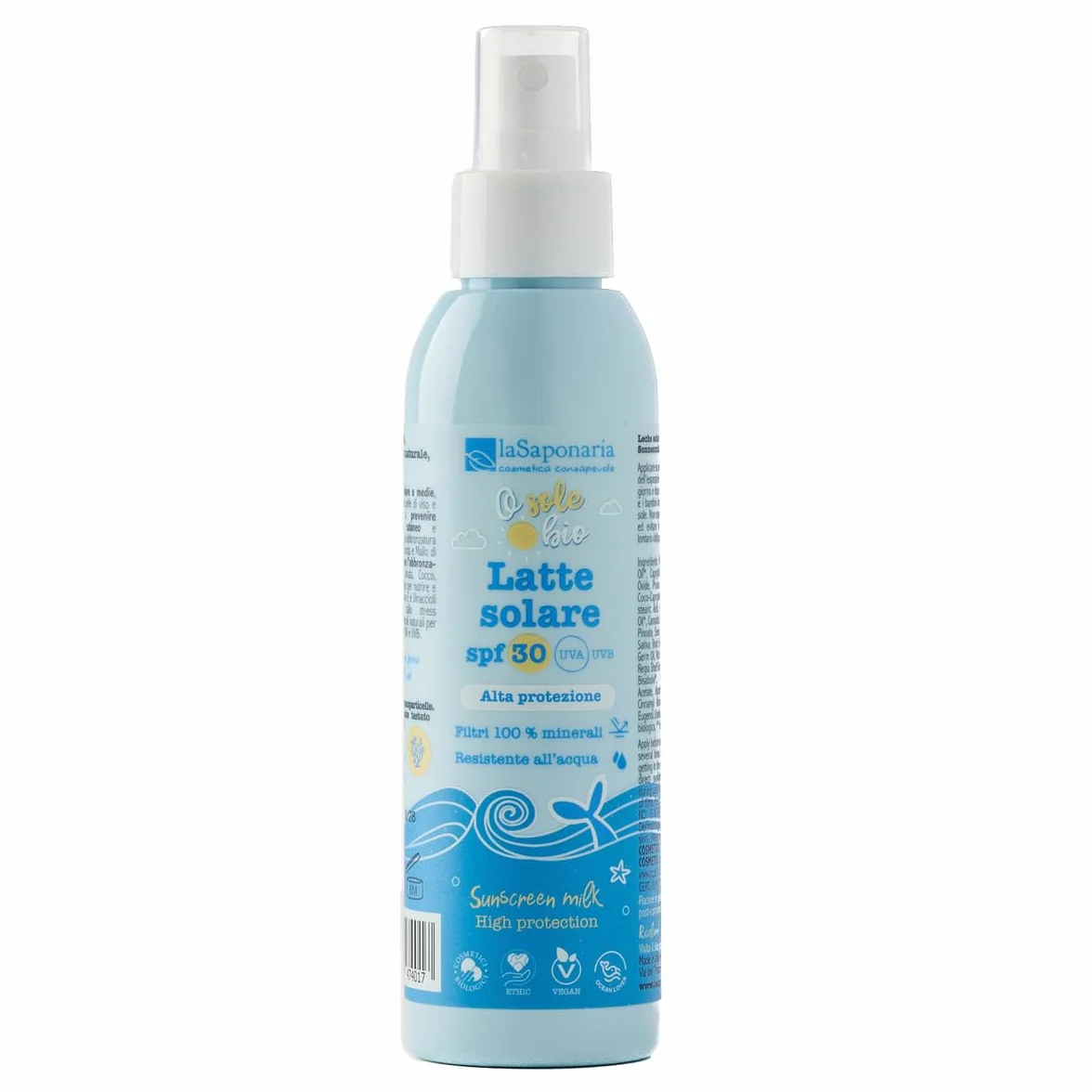 La Saponaria | Latte Solare con filtri fisici, protezione alta-media-bassa, con spray pratico, facile da spalmare e ideale per tutta la famiglia – 125 ml (50, Fattore di protezione solare (SPF))