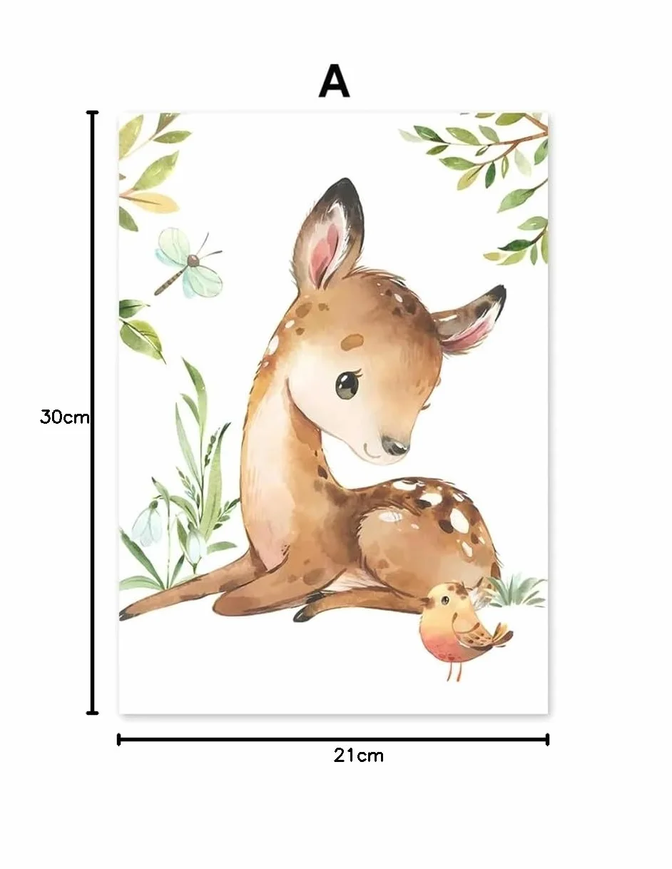 Youihom 6 Quadro Animali Bosco Quadretti Personalizzati Bimba Poster con Lettere del Nome Bambini Stampe Cameretta Neonato Volpe Orso Scoiattolo Cervo Marrone Verde Quadri Tela 21x30 senza Cornice