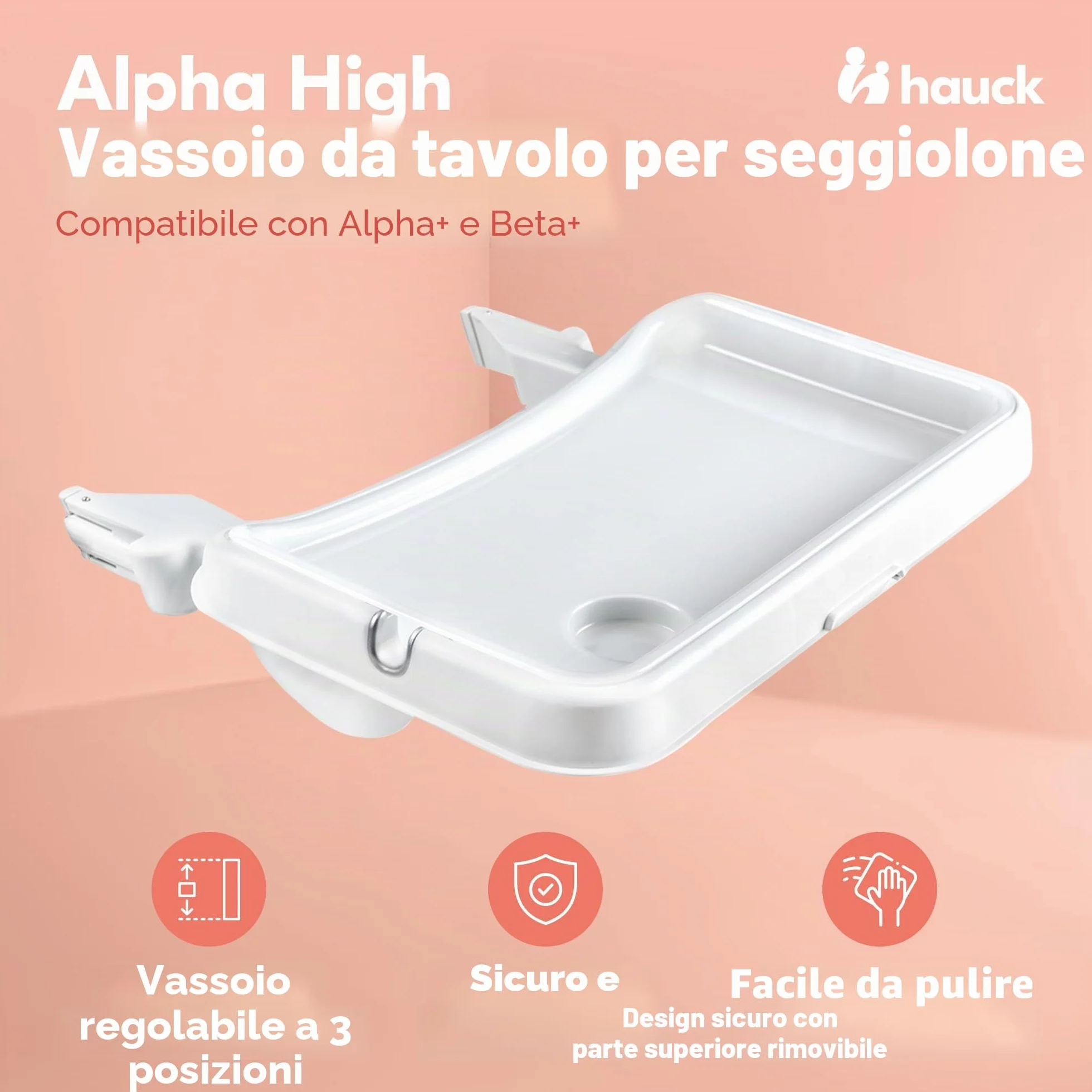 hauck Alpha Tray, Bianco - Vassoio Pappa 3in1 per Seggiolone Alpha+ e Beta+ - con Riduttore di Seduta, Bordo Rialzato e Portabicchiere - Regolabile in Profondità - Facile da Pulire