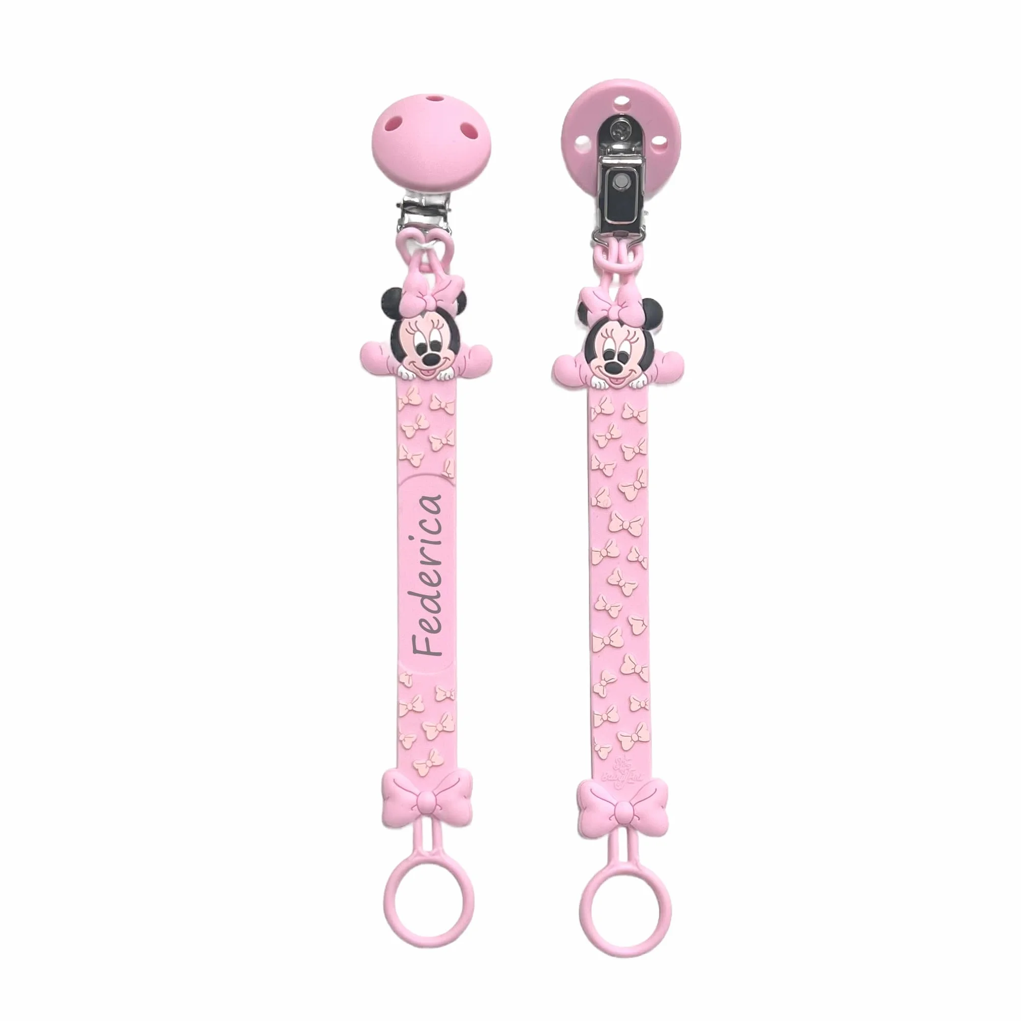 NOVITÁ Fettuccia IN SILICONE, Catenella portaciuccio personalizzata con nome FLAT BABYJART, lavabile, sicura per il bambino, compatibile con ciuccio MAM e CHICCO! (Minnie Rosa Pastello)