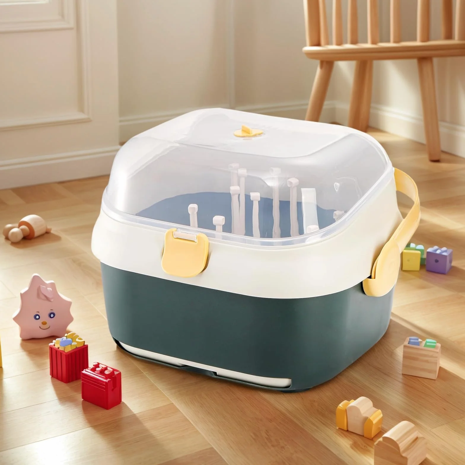 Kingrol Scolapiatti per biberon con coperchio per casa, cucina, viaggi, grande capacità, organizer per biberon con fori di drenaggio per bottiglie, tettarelle, tazze, pompa parti e accessori