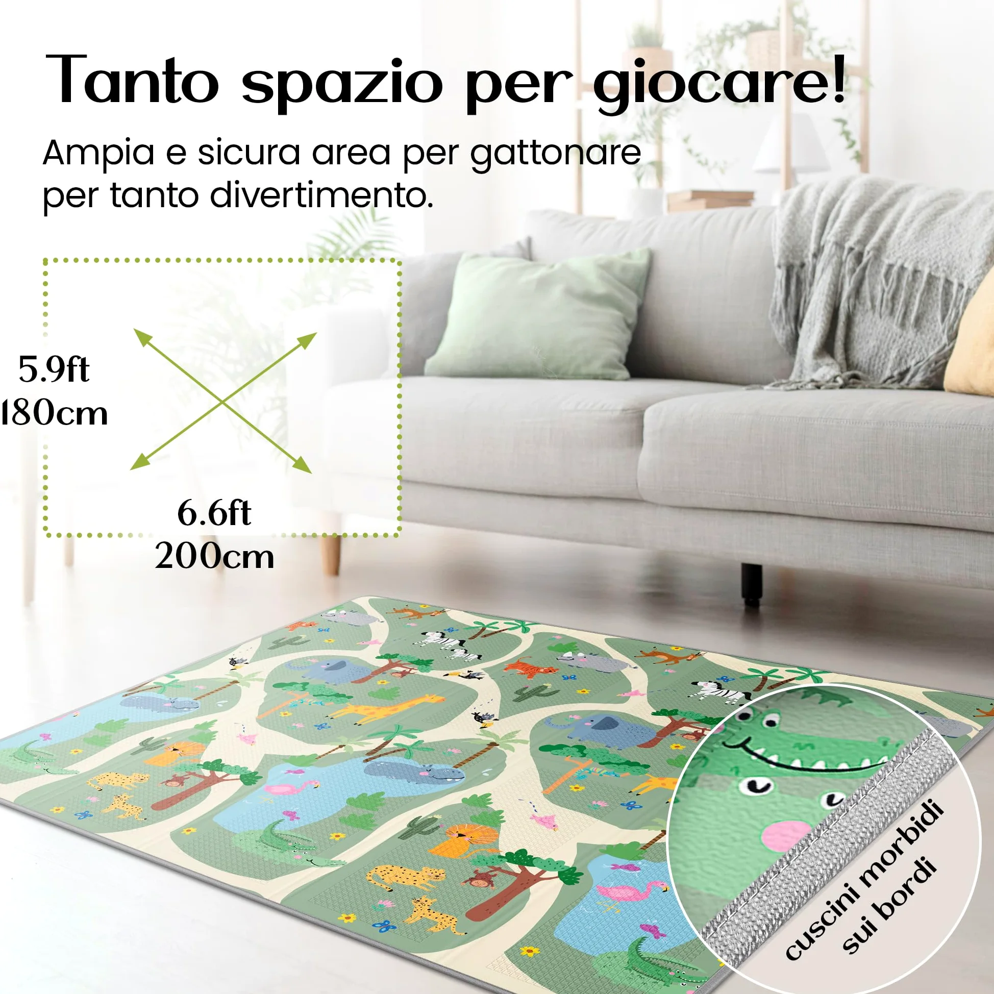 Tappeto Gioco Bambini Pieghevole – Tappeto Gioco Neonato, Tappeto Neonato Gattonamento, Tappeto Tummy Time Neonati, Tappetone Neonato Morbido, Tappeto Gomma Bambini, 180x200cm - Safari
