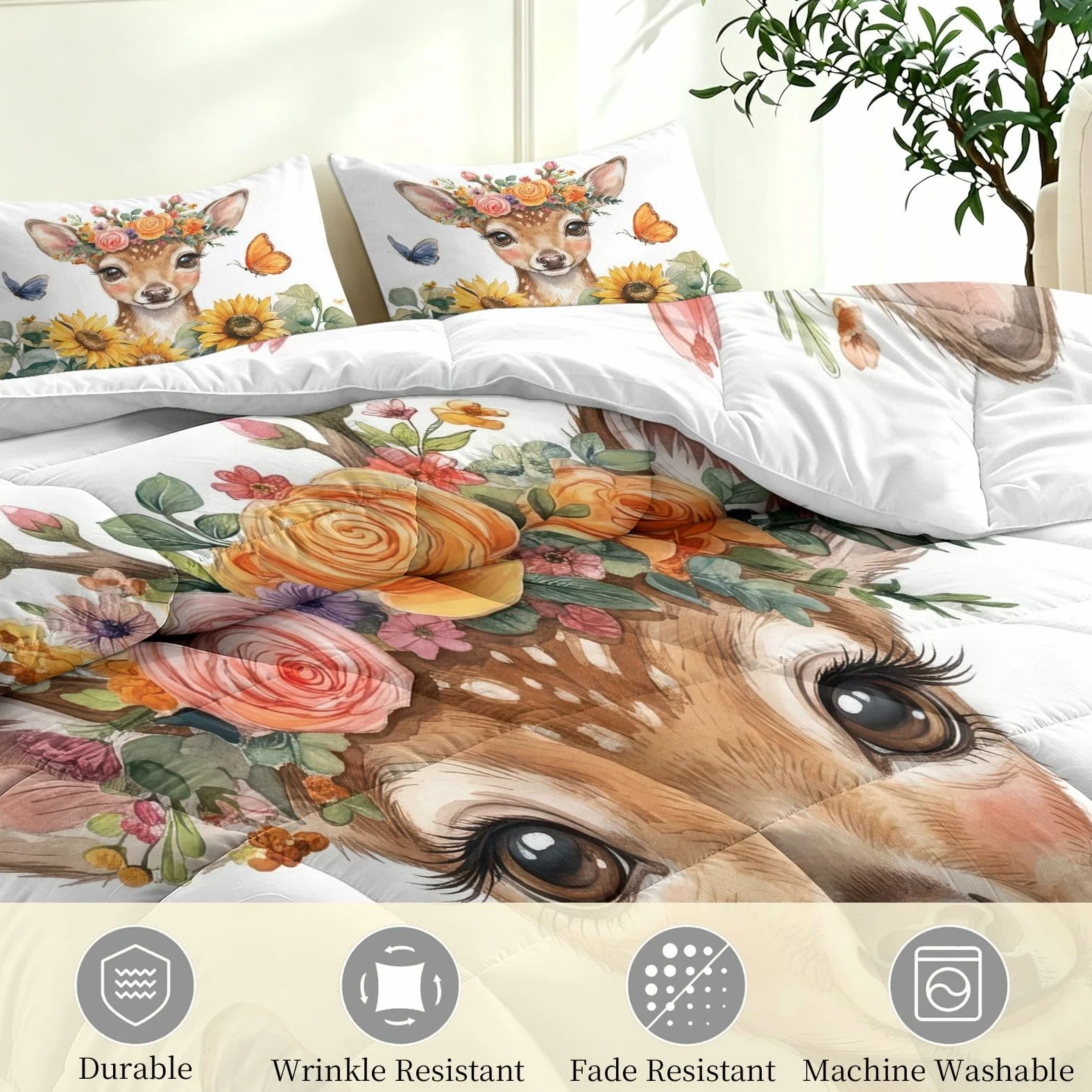 Piumino Animale Giraffa Girasole Stampato 2 Persone Reversibile 200 x 200 cm, morbido piumino 4 stagioni senza copripiumino, anallergico lavabile Cartoon floreale modello per bambini adolescenti