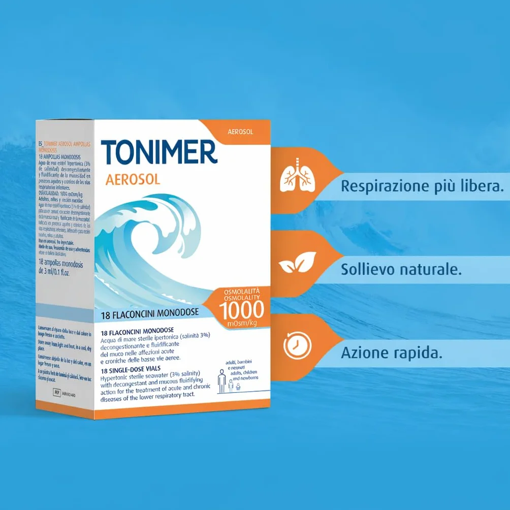 Tonimer Aerosol 1000-18 flaconcini monodose - Acqua di Mare Sterile Ipertonica (salinità 3%) - Decongestionante e Fluidificante del Muco - Adatta a Neonati, Bambini e Adulti