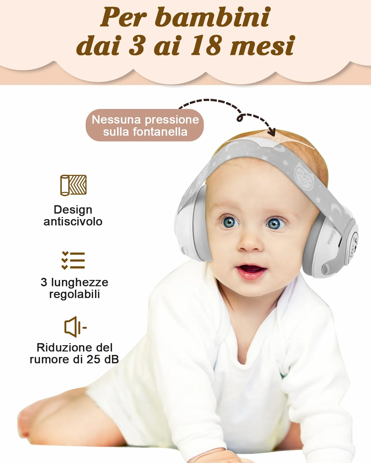 Lilian&Gema 2 in 1 Cuffie Neonato Antirumore -25dB,Protettori acustici per neonati, archetto regolabile, antiscivolo e antistress, protezione acustica ideale per neonati fino a 48 mesi