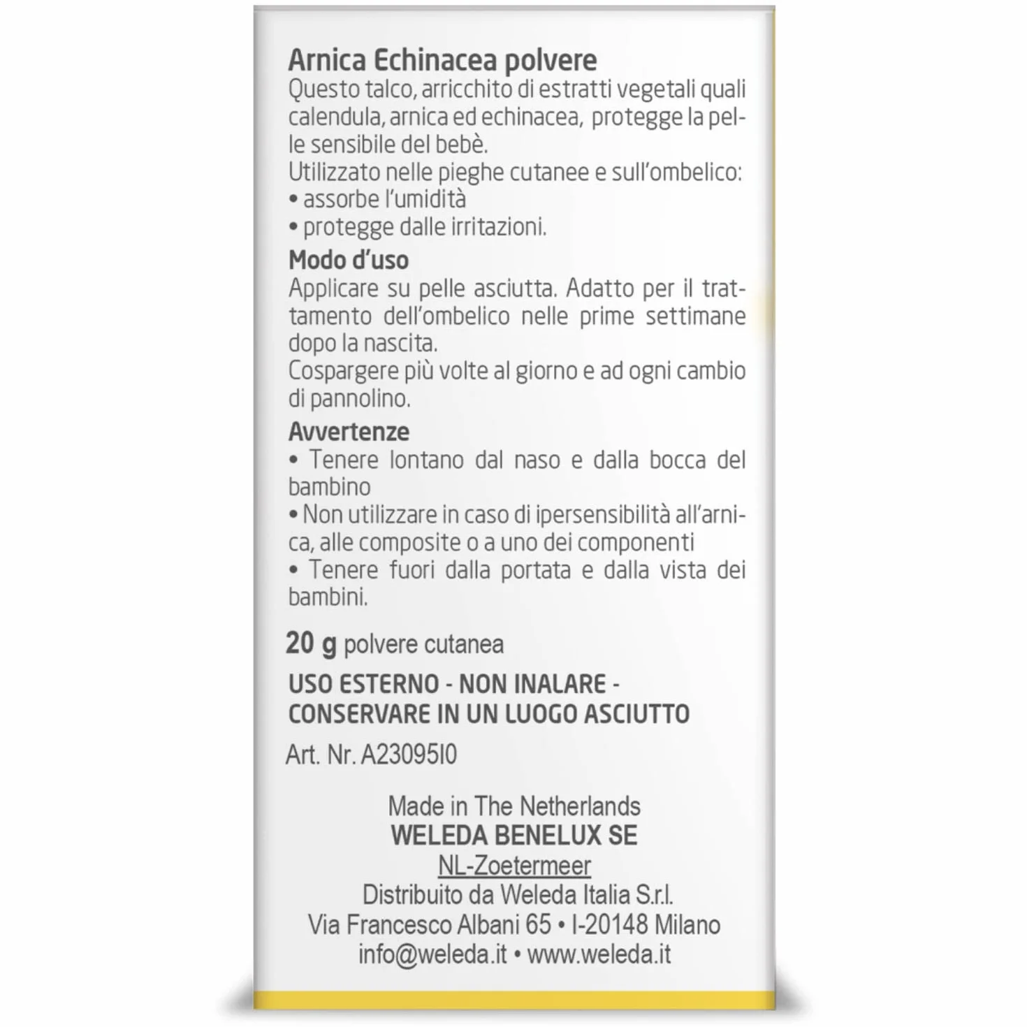Weleda Arnica Echinacea polvere, talco in polvere per il trattamento dell'ombelico del neonato, assorbe l'umidità e protegge da irritazioni nelle pieghe cutanee (1X20g)