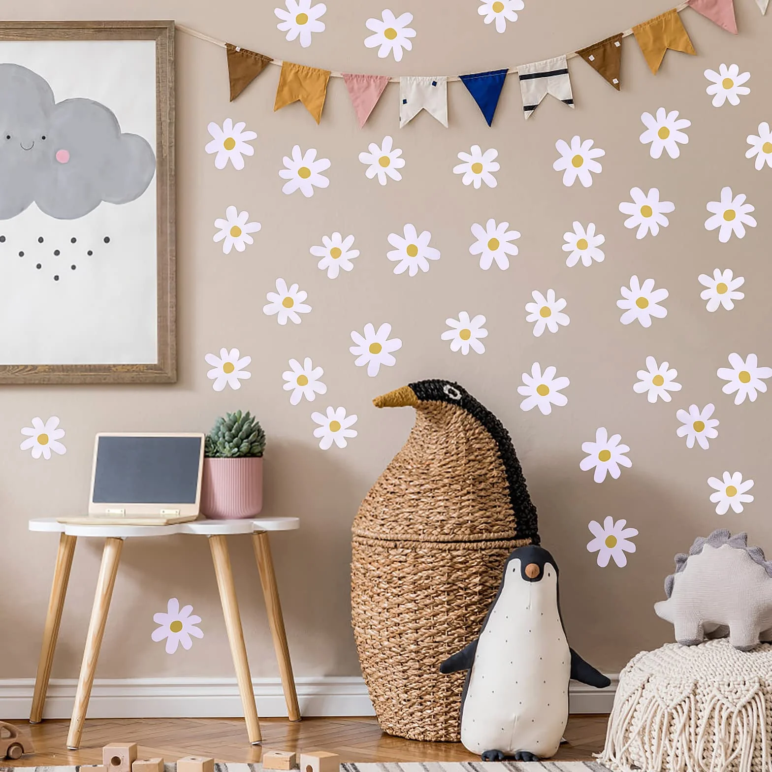 Bremorou 36 adesivi da parete per cameretta dei bambini, margherite, autoadesivi, decorazione da parete, bianchi, vinile, decorazione floreale, rustico, impermeabile
