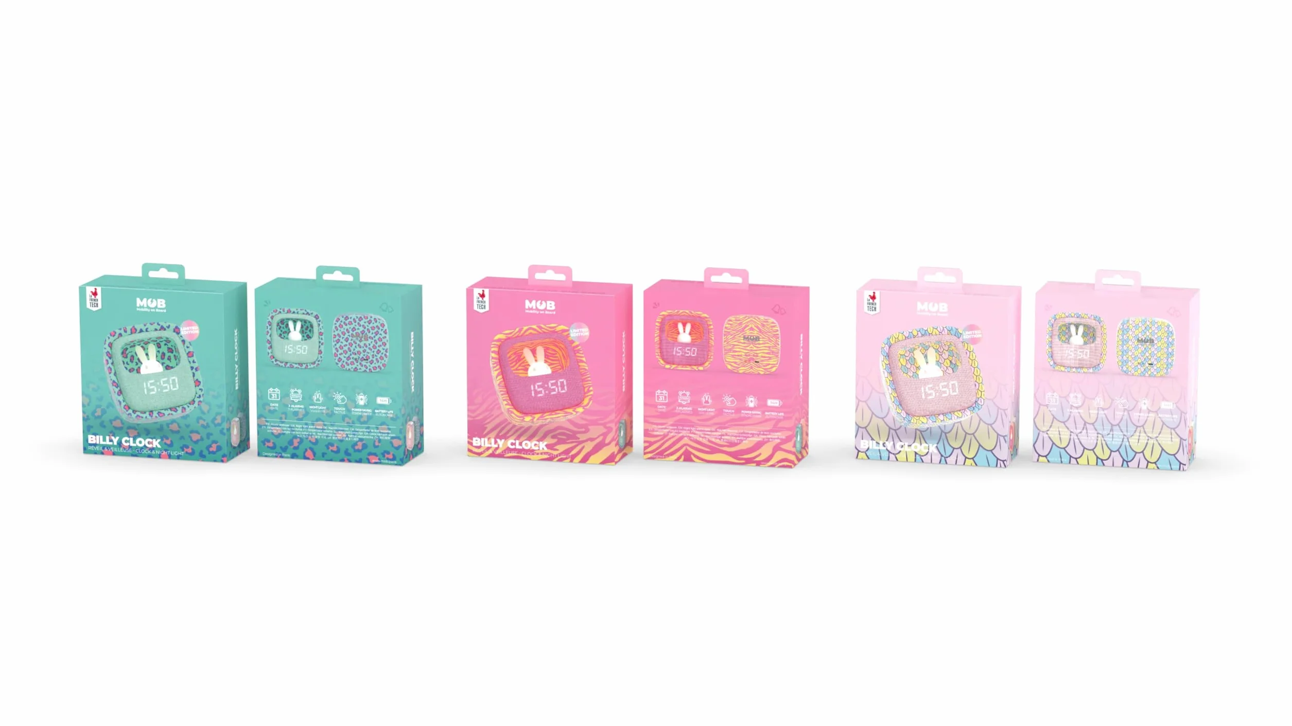 MOB – MOBILITY ON BOARD Billy Clock Sveglia e luce notturna per bambini Sirena arcobaleno - Motivo coniglio - Cornice in plastica morbida - Data, ora e 3 impostazioni di sveglia
