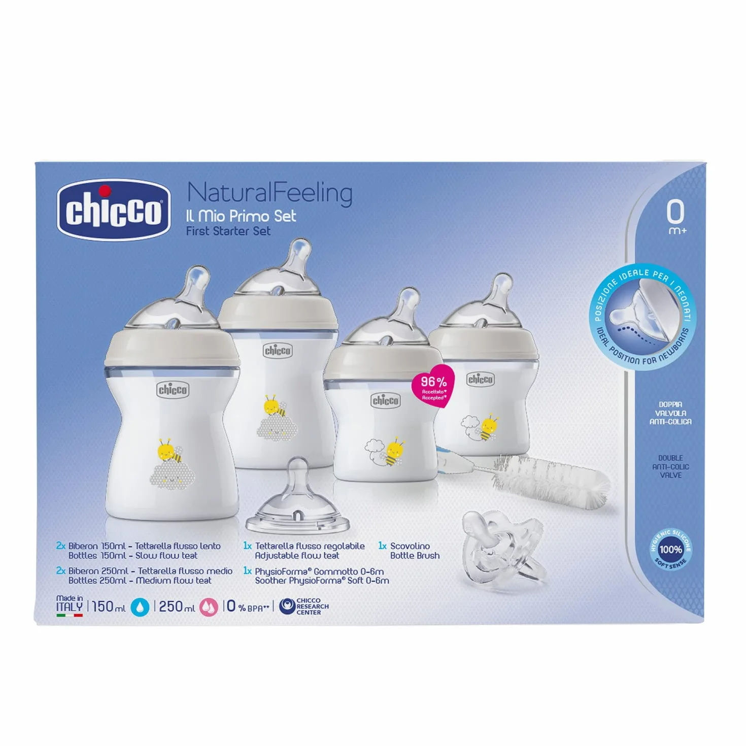 Chicco Set Biberon Natural Feeling, 4 Biberon, Tettarella In Silicone Mesi+, Scovolino e Gommotto 0 Mesi+ Trasparente, Effetto Anticolica, 150/250ml, Neutro