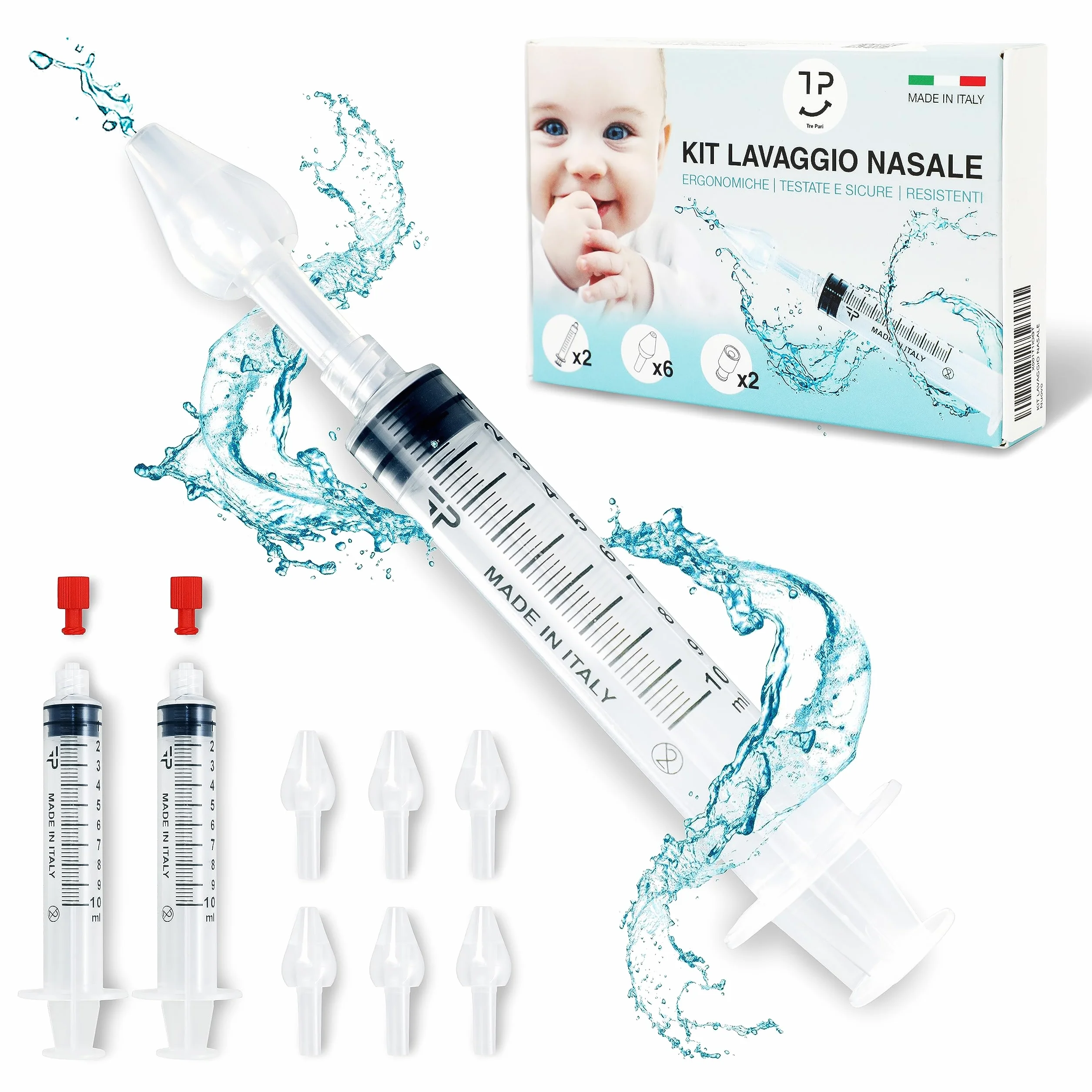 TRE PURI® 2 Siringa per Lavaggi Nasali Bambini e Neonato Made in Italy – Set Lavaggio Nasale Bambini e Adulti – Kit Professionale Siringhe e Olive per Soluzione Fisiologica – Tappini e E-book OMAGGIO