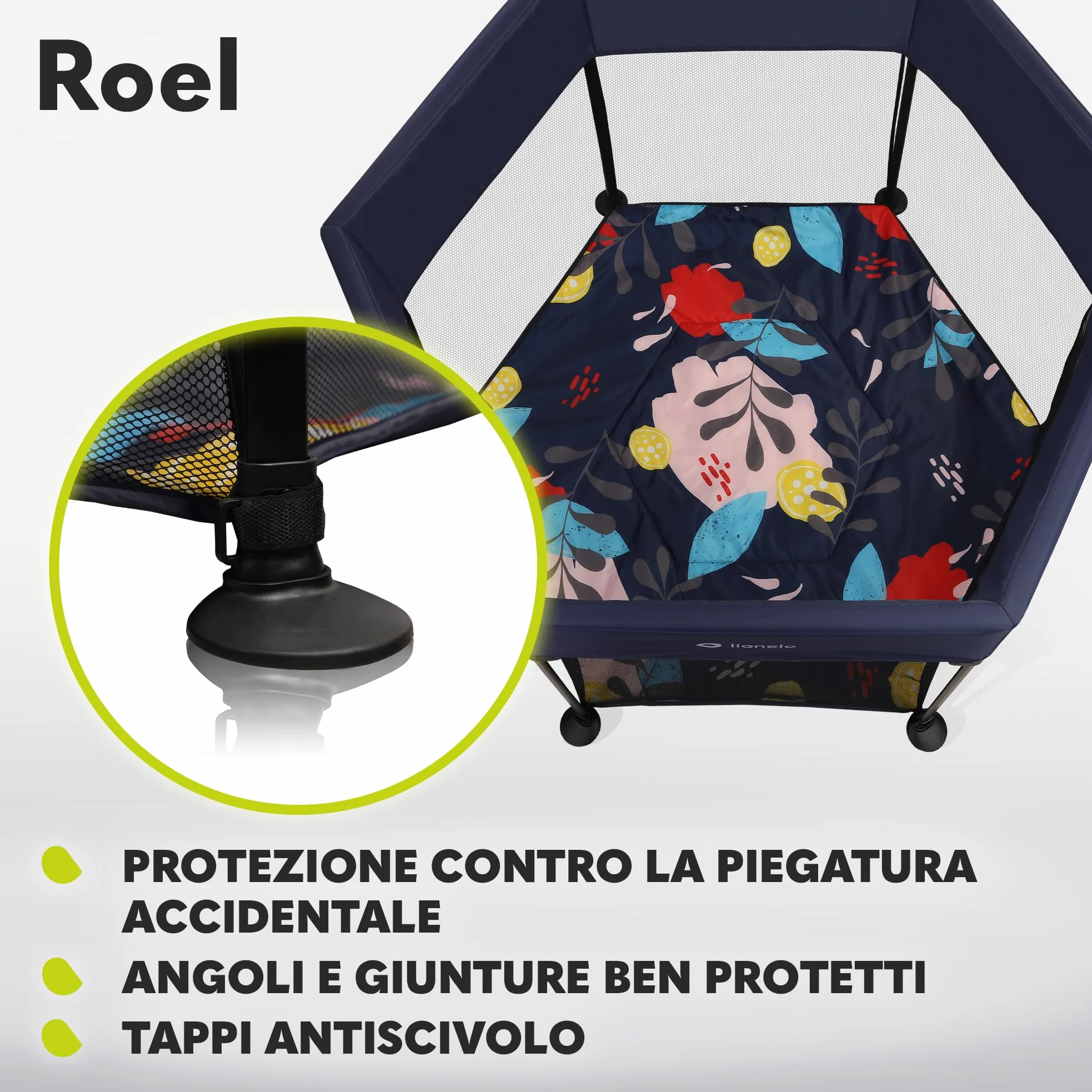 LIONELO Roel box bambini da 6 mesi fino a 15kg forma esagonale grandi dimensioni 135 x 118 x 83 cm Blocco di piegatura LockGuard, le pareti trasparenti, Gambe antiscivolo, Piegatura facile, Borsa