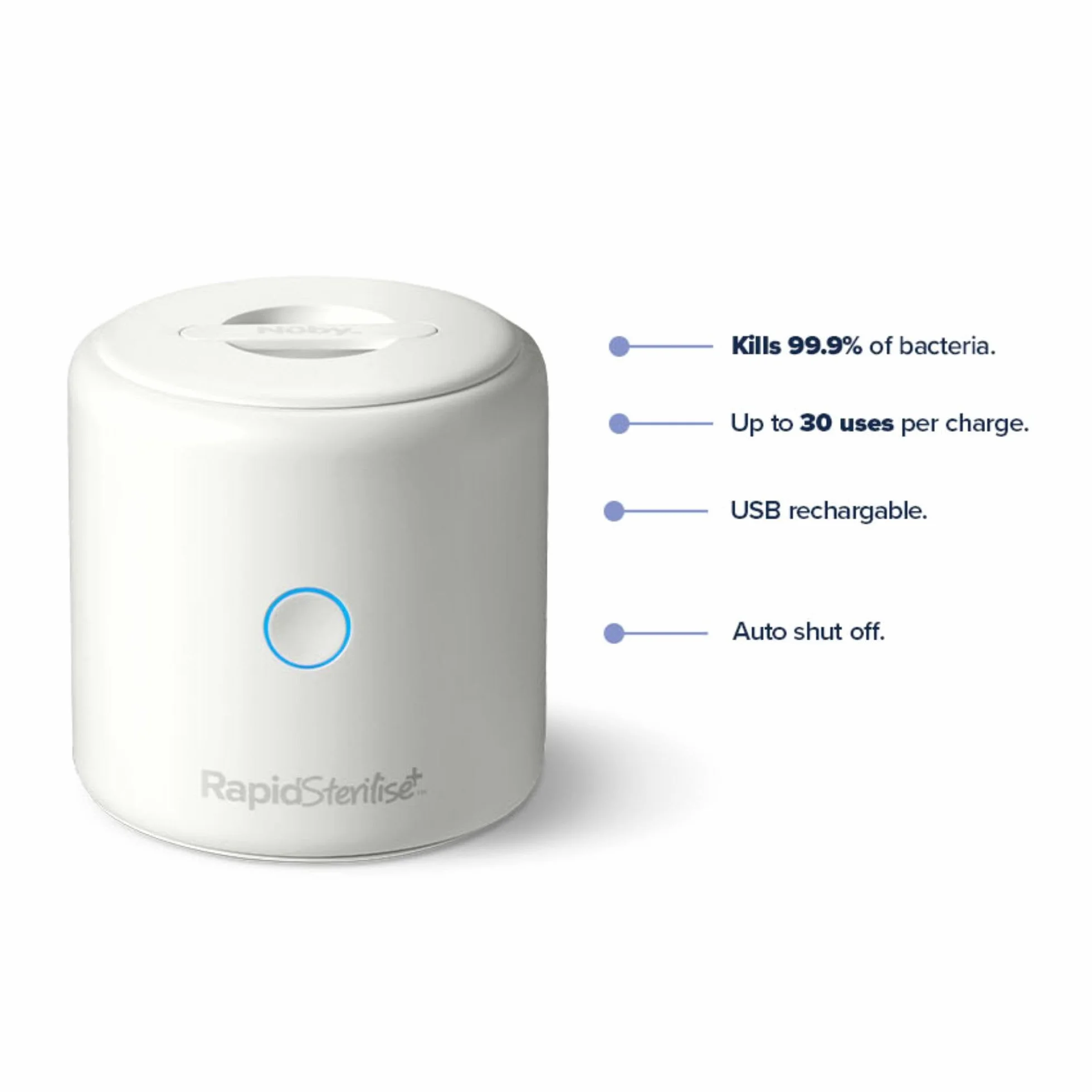 Nuby RapidSterilise+ Sterilizzatore UV per biberon RapidBottle e RapidCool, portatile – 30 utilizzi per carica, ricarica USB, spegnimento automatico, elimina il 99,9% dei batteri in 1 minuto (Bianco)