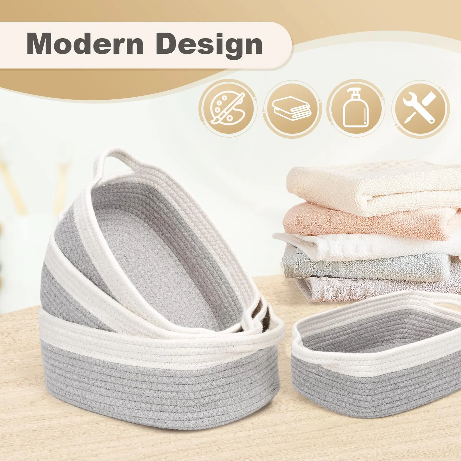 Cinnani Set di 5 Cestini Portaoggetti Intrecciato in Corda di Cotone, Impilabile Organizer Fasciatoio, Decorazione Cesto Portaoggetti per Bagno, Armadio, Camera da Letto, Soggiorno (Bianco/Grigio)