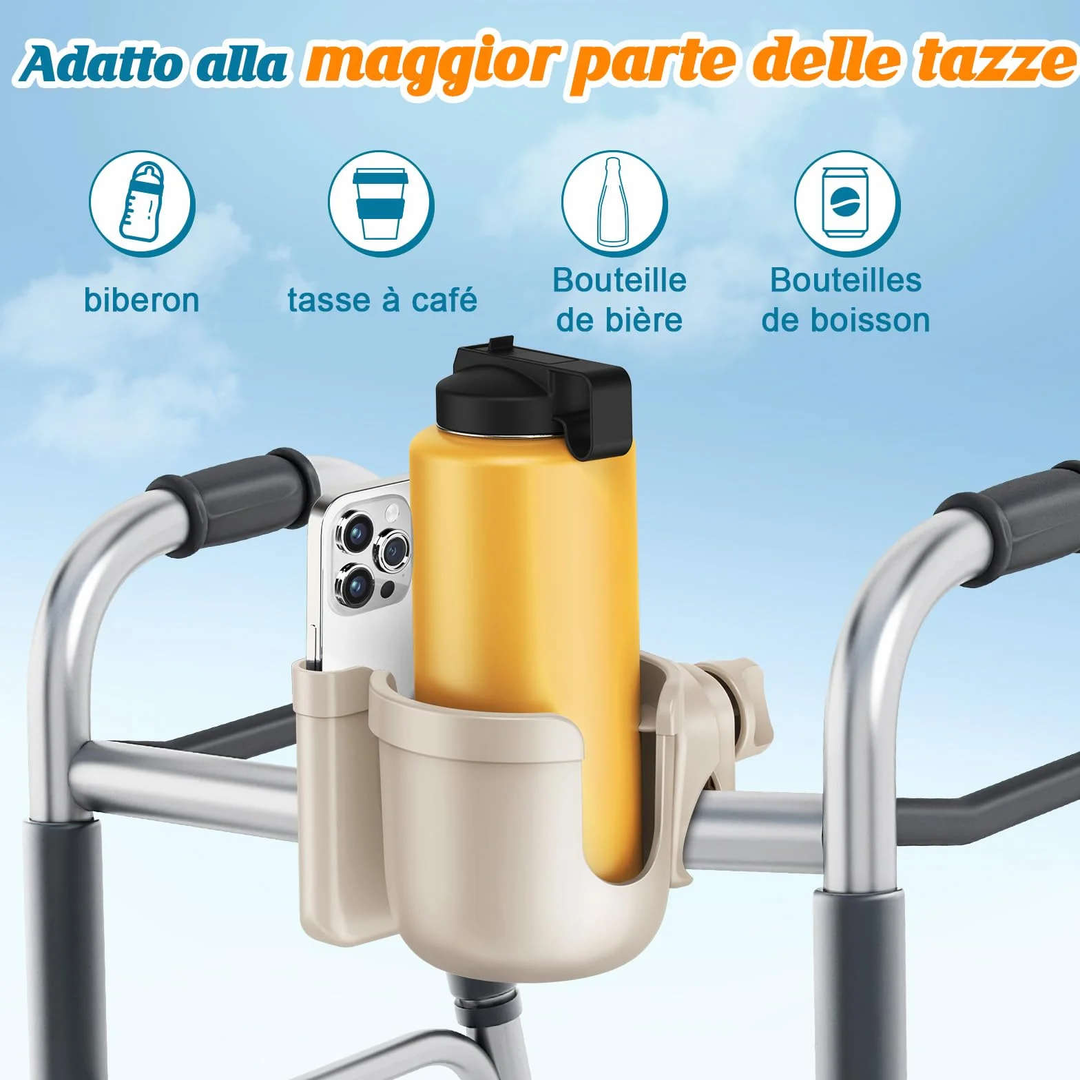 Portabicchieri per Passeggino,Guiseapue Portabicchieri Universale per Passeggino Portabicchieri Universale Regolabile portabottiglie Bici per passeggino bicicletta sedia a rotelle e moto (Beige)