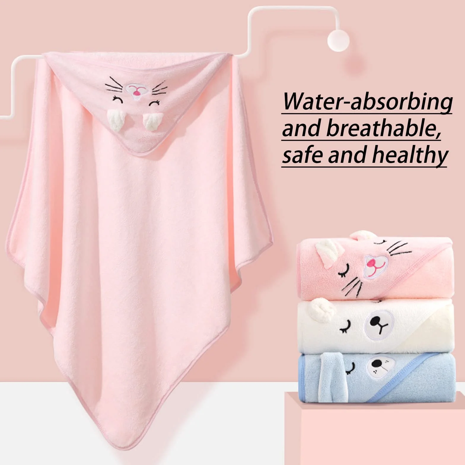 DKDDSSS 2PCS Asciugamano Neonato, Asciugamani Con Cappuccio Per Bambini, Set Asciugamano per Bambini con Orecchie Carine, Super Assorbente e Lavabile, Per Regalo Bimbo, Pink