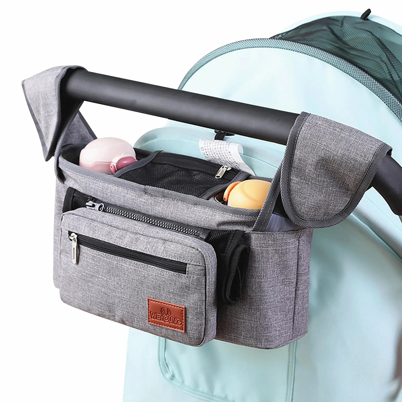 Organizer per Passeggino, Borsa Per Passeggino, Pram Bag Organizer Multifunzione Carrozzina Buggy Storage Bag Con Borsetta Staccabile, 2 Portabicchieri e Tracolla Organizer per Passeggino, Grigio