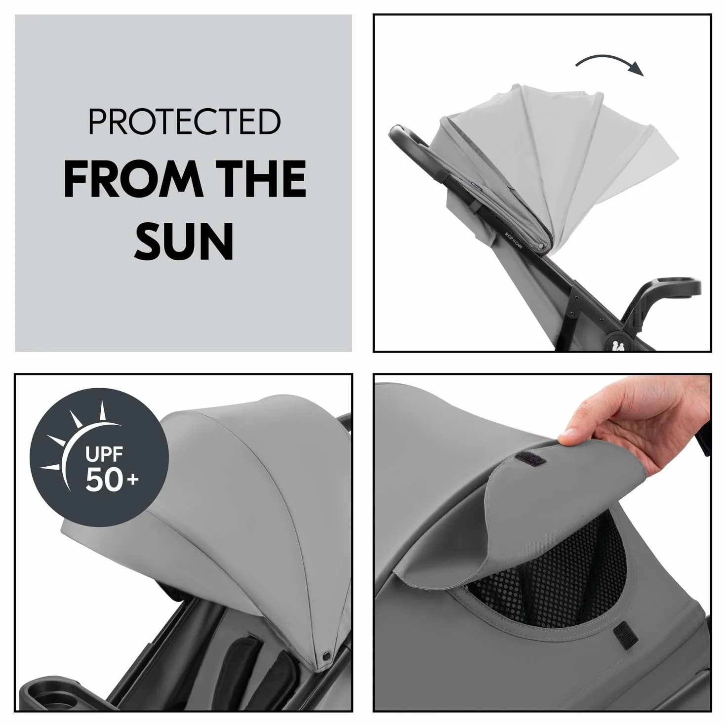 hauck Shop N Care - Passeggino leggero (solo 8,5 kg) con vassoio per snack, portabicchieri e parapioggia, compatto e pieghevole con una mano, completamente reclinabile dalla nascita fino a 22 kg,