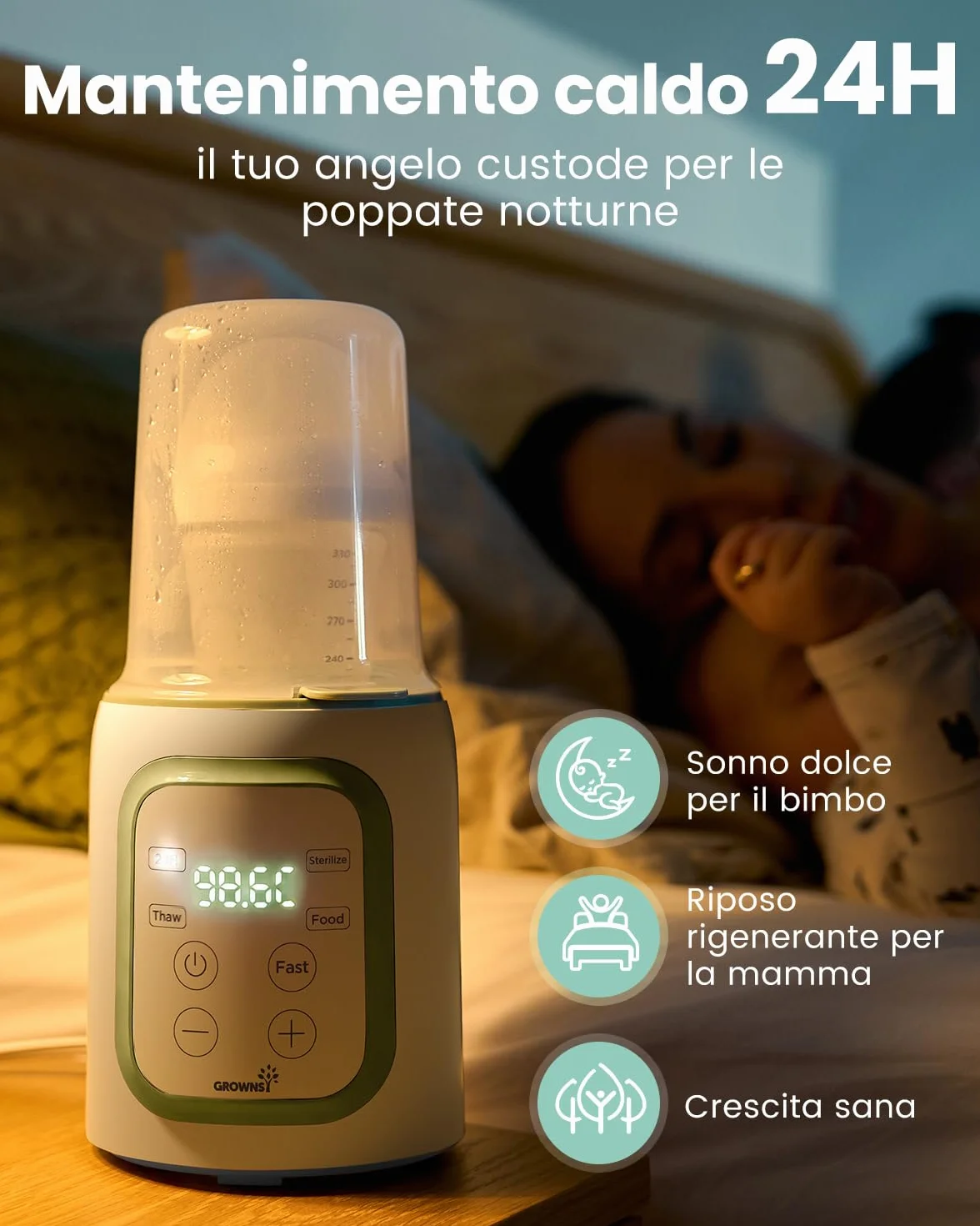 Grownsy Scaldabiberon 10-in-1 Veloce con Timer per Latte Materno o Formula, Controllo Preciso della Temperatura, Funzioni di Scongelamento, Sterilizzazione, Mantenimento Caldo e Riscaldamento Pappe