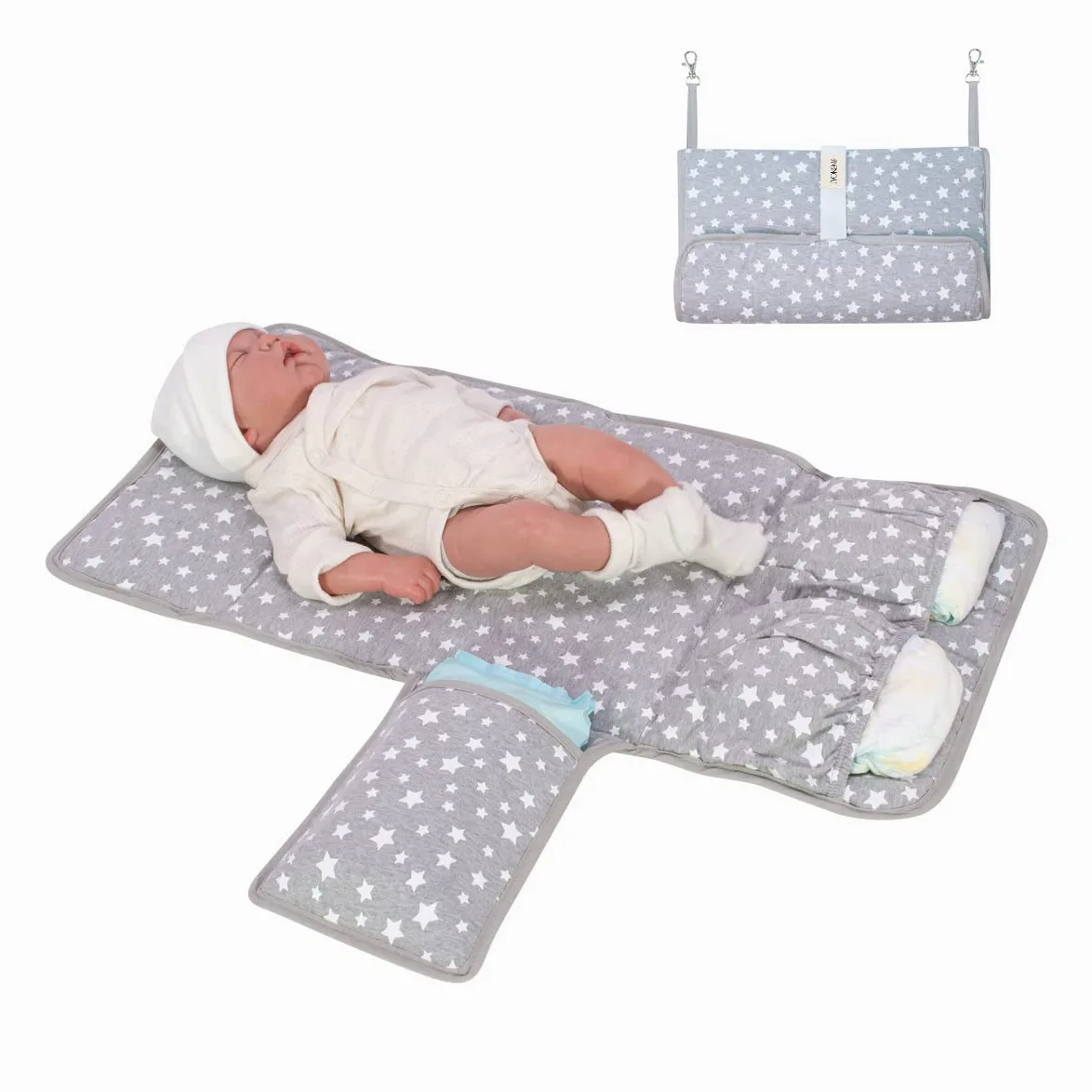JYOKO KIDS Lenzuola Materassino fasciatoio portatile impermeabile, fasciatoio imbottito pieghevole (White Star)