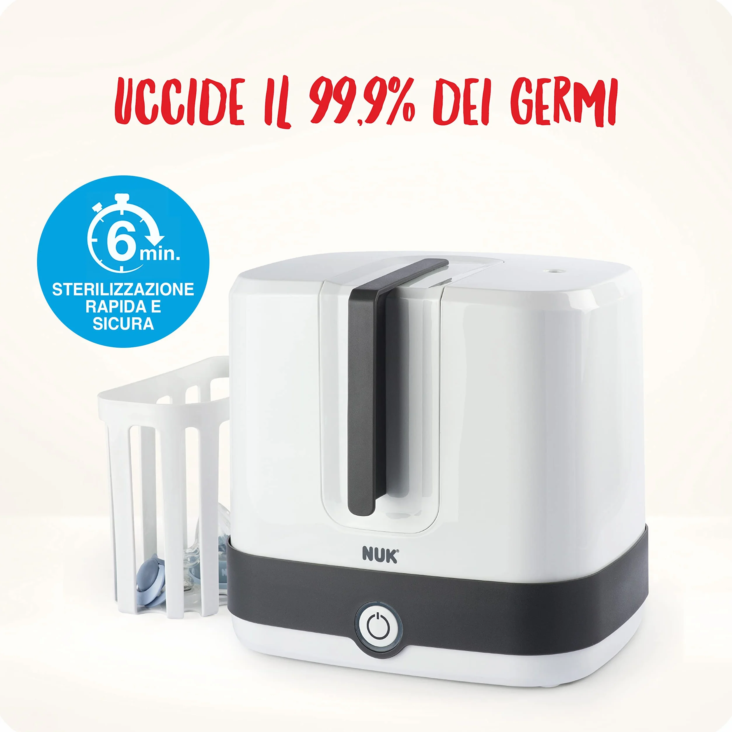 NUK Vario Express sterilizzatore biberon | Sterilizza a vapore fino a 6 biberon e accessori in 6 minuti | Spegnimento automatico | Cestello e astine removibili | Spina europea a 2 poli