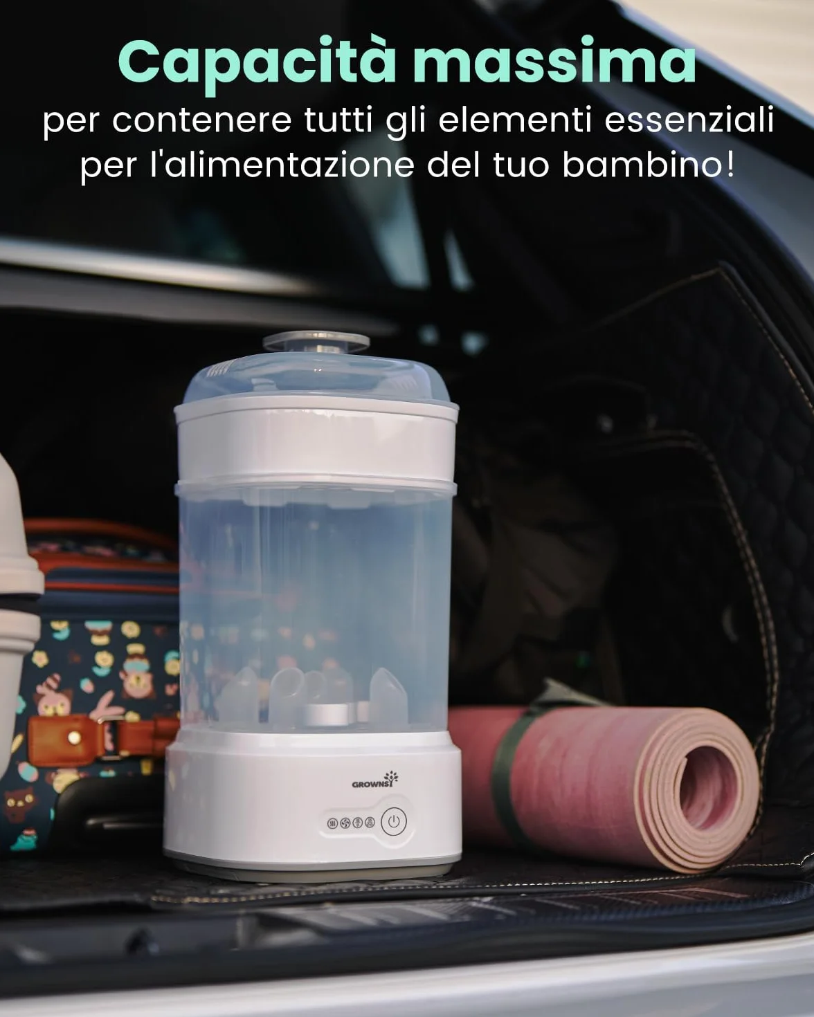 Grownsy Sterilizzatore Biberon con Asciugatura, Sterilizzatore Elettrico a Vapore Compatto per Biberon, Ciucci, Parti del Tiralatte