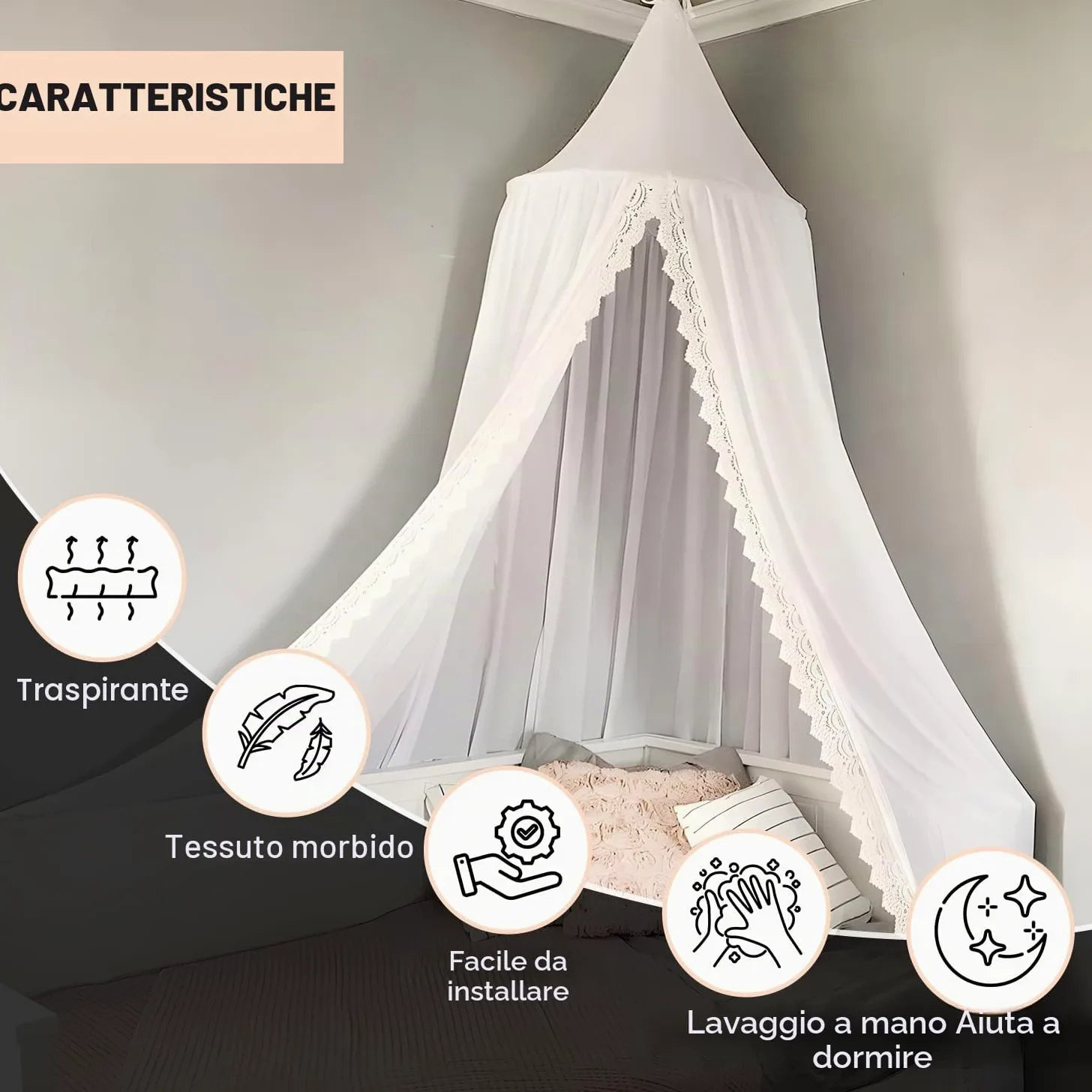 Baldacchino, baldacchino per cameretta dei bambini, baldacchino con pizzo pizzo, tende per letto a baldacchino per lettino da bambino, zanzariera Princess Bed Canopy