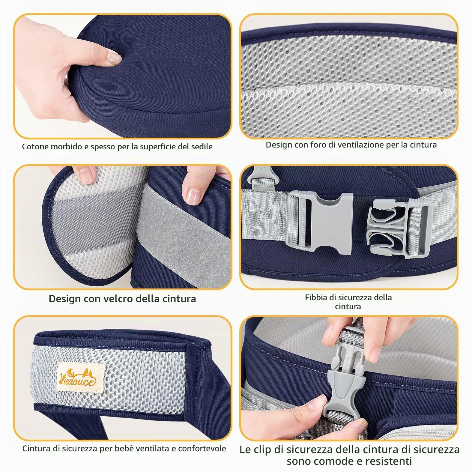 Viedouce Hipseat Marsupio con Protezione per Cintura di Sicurezza,Puro Cotone Leggero e Traspirante,Ergonomico Neonati Marsupio Sicurezza Supporto per Bambino da 4-36 Mesi (Blu Scuro)