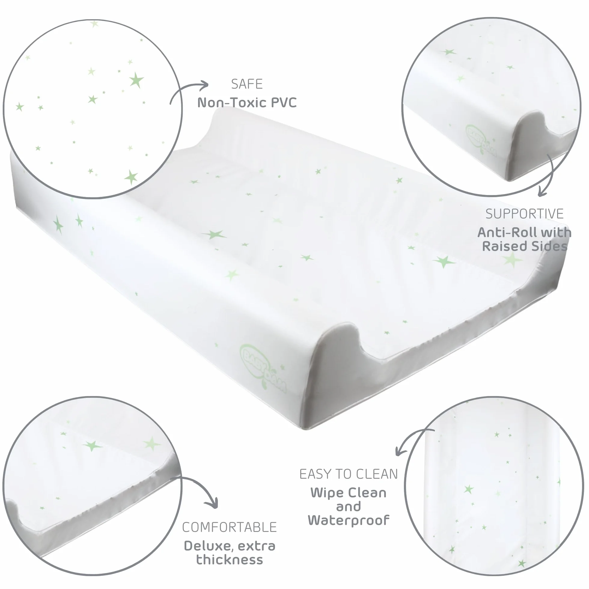 BabyDam Luxury SuperMax - Fasciatoio antirollio con cuneo, facile da pulire, 70 x 45 cm, colore: verde stella/bianco