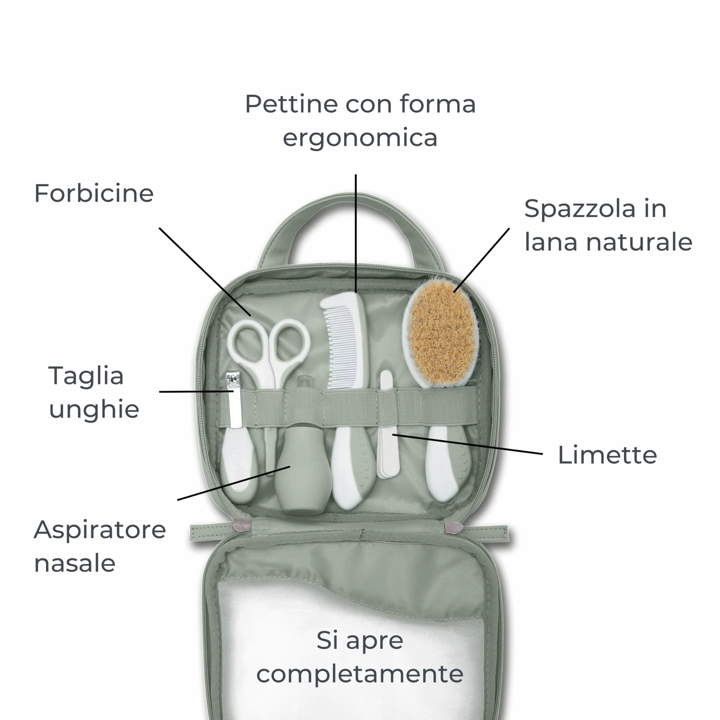 Nuvita 1146 | Set Completo per la Cura del Bambino | Trousse da Bagno | Bellezza per Neonati | Forbicine per Unghie e Capelli Senza BPA | Marchio UE | Sage Green