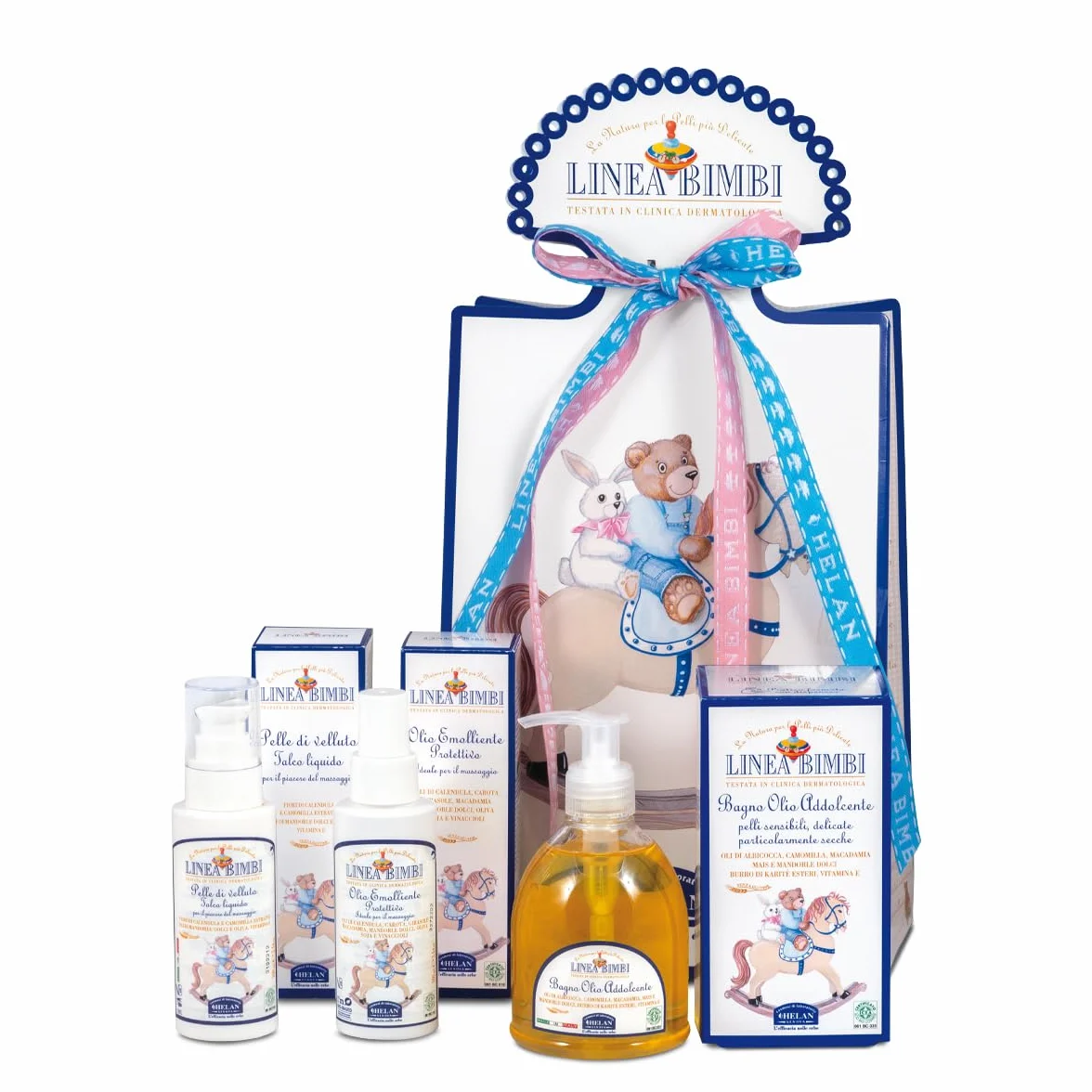 Helan, Speciale Nascita, Confezione Regalo, Linea Bimbi - Bagno Olio Addolcente, Olio Emolliente, Pelle di Velluto Talco Liquido - Confezione Kit Ricercata con Nastro in Tessuto (Blu e Rosa)