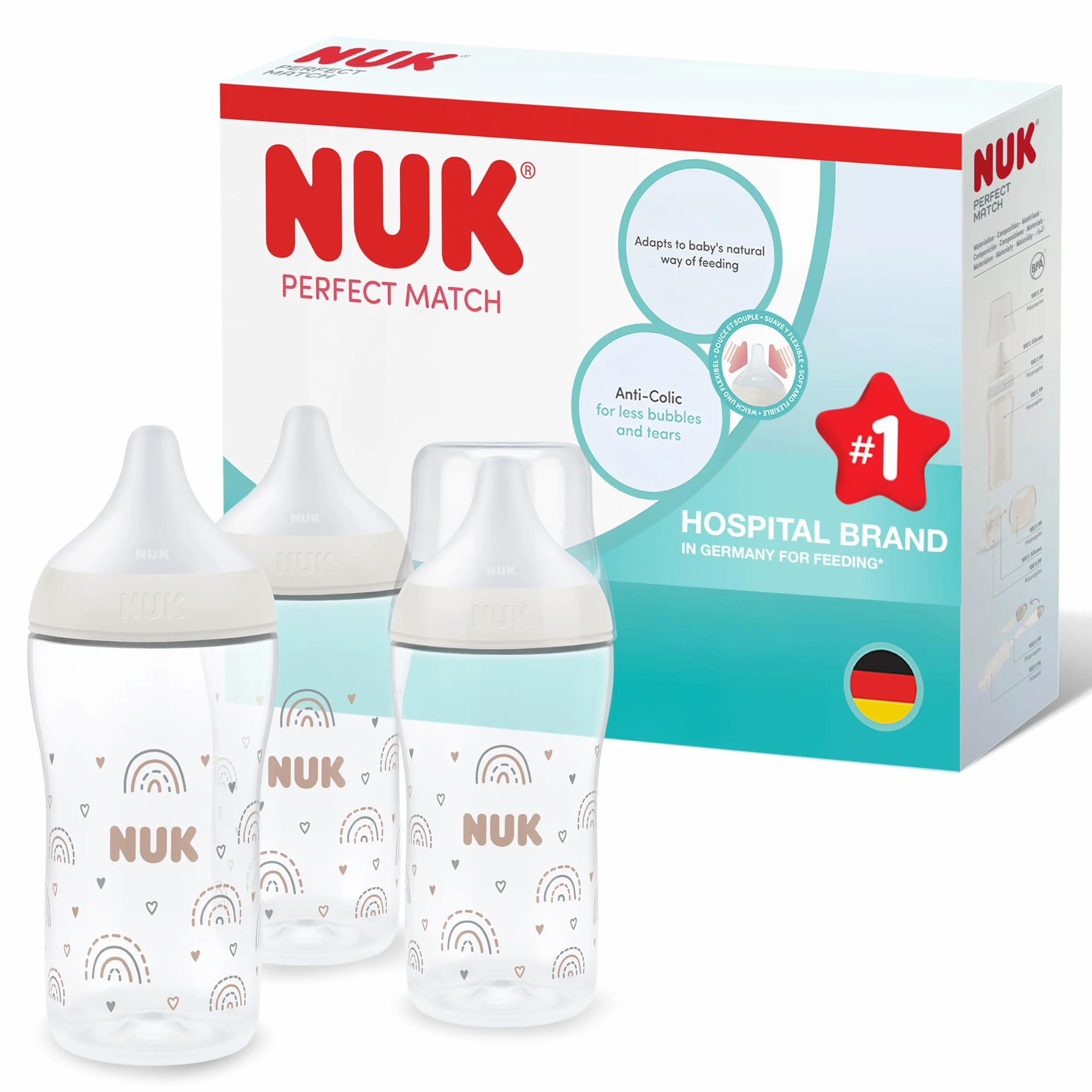 NUK Set biberon Perfect Match | 3+ mesi | Si adatta al palato del bambino | Controllo della temperatura | Sfiato anti-colica | 260 ml | Senza BPA | Tettarella media in silicone | Arcobaleno | 3 pz