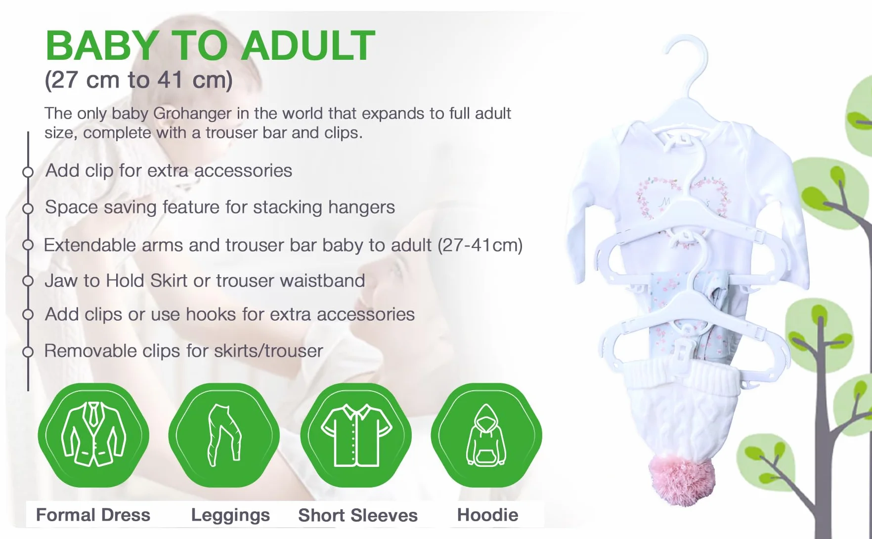 Grohanger Grucce estensibili salvaspazio per bambini, con clip, 18 grucce bianche per bambini, 12 clip rimovibili, barra per pantaloni da neonato a adulto, grucce per neonati per adulti.